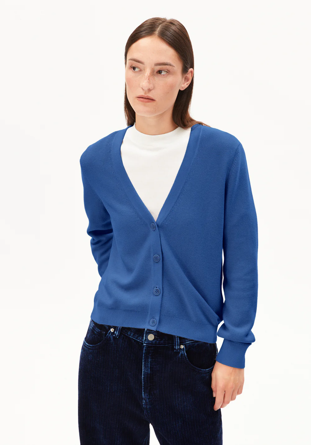 armedangels femme cardigan menaal links links coton bio bleu l armoire poethique  1