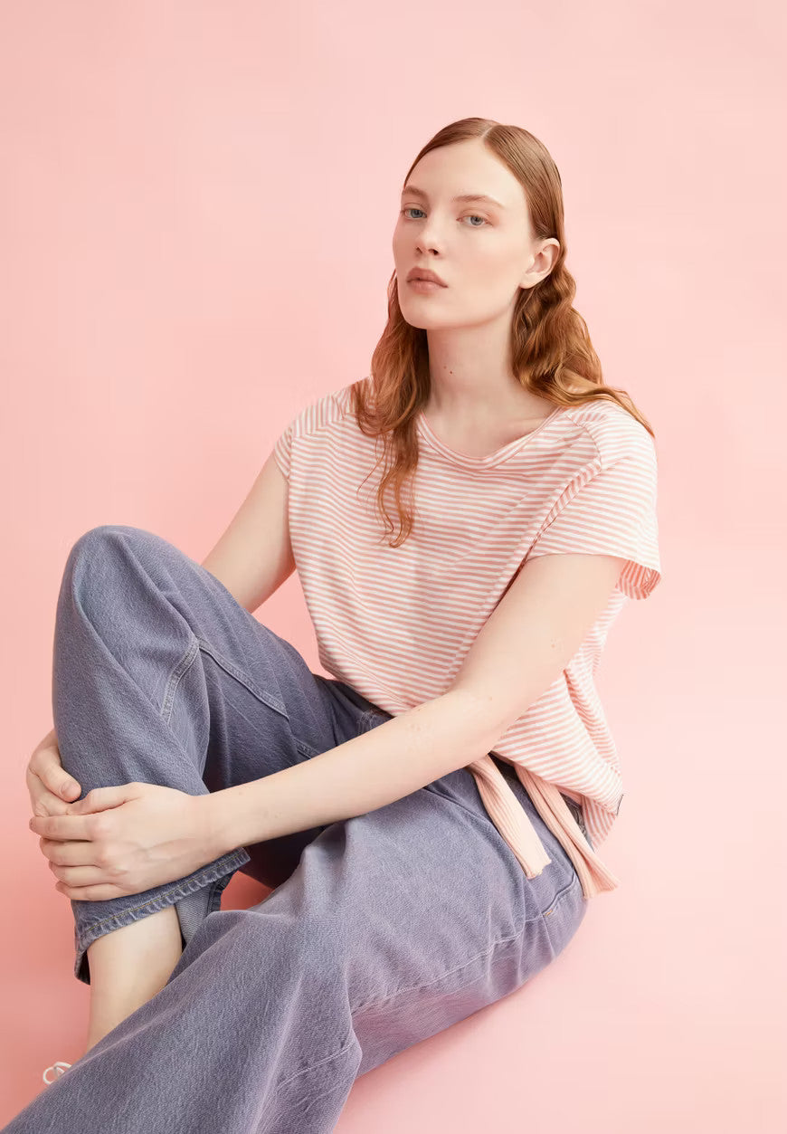 armedangels femme t shirt oneliaa lovely stripes coton bio rose clair creme l armoire poethique  4