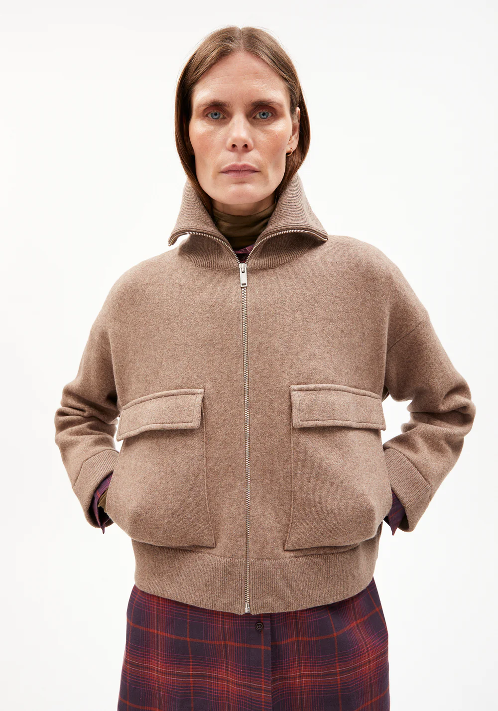 armedangels femme veste joaniaas coton bio laine bio beige cannelle l armoire poethique 1