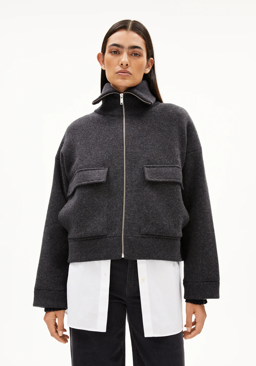 armedangels femme veste zippee joaniaas coton bio laine bio gris anthracite l armoire poethique 1