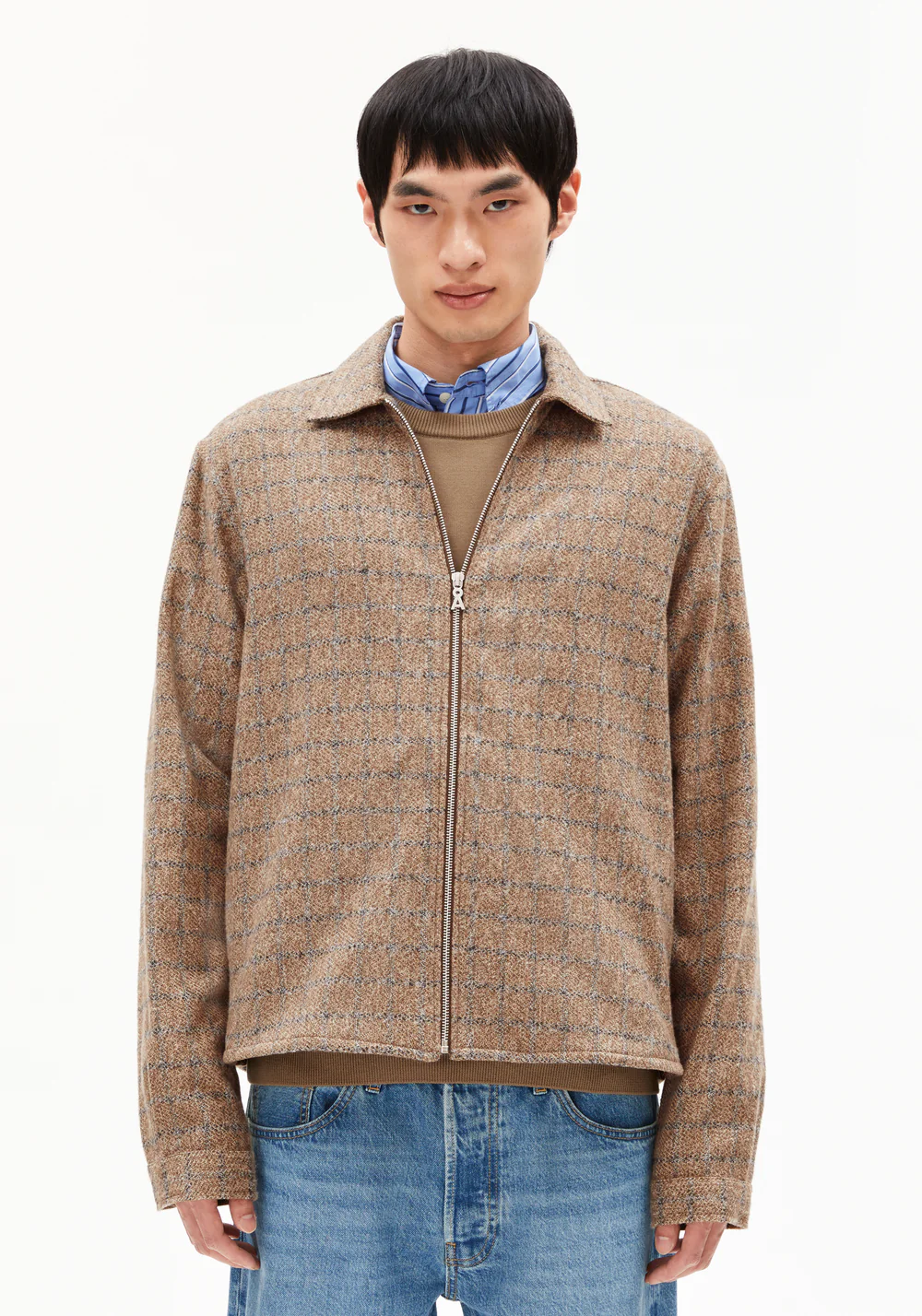 armedangels homme veste zippee pasaalo coton bio beige carreaux l armoire poethique 1
