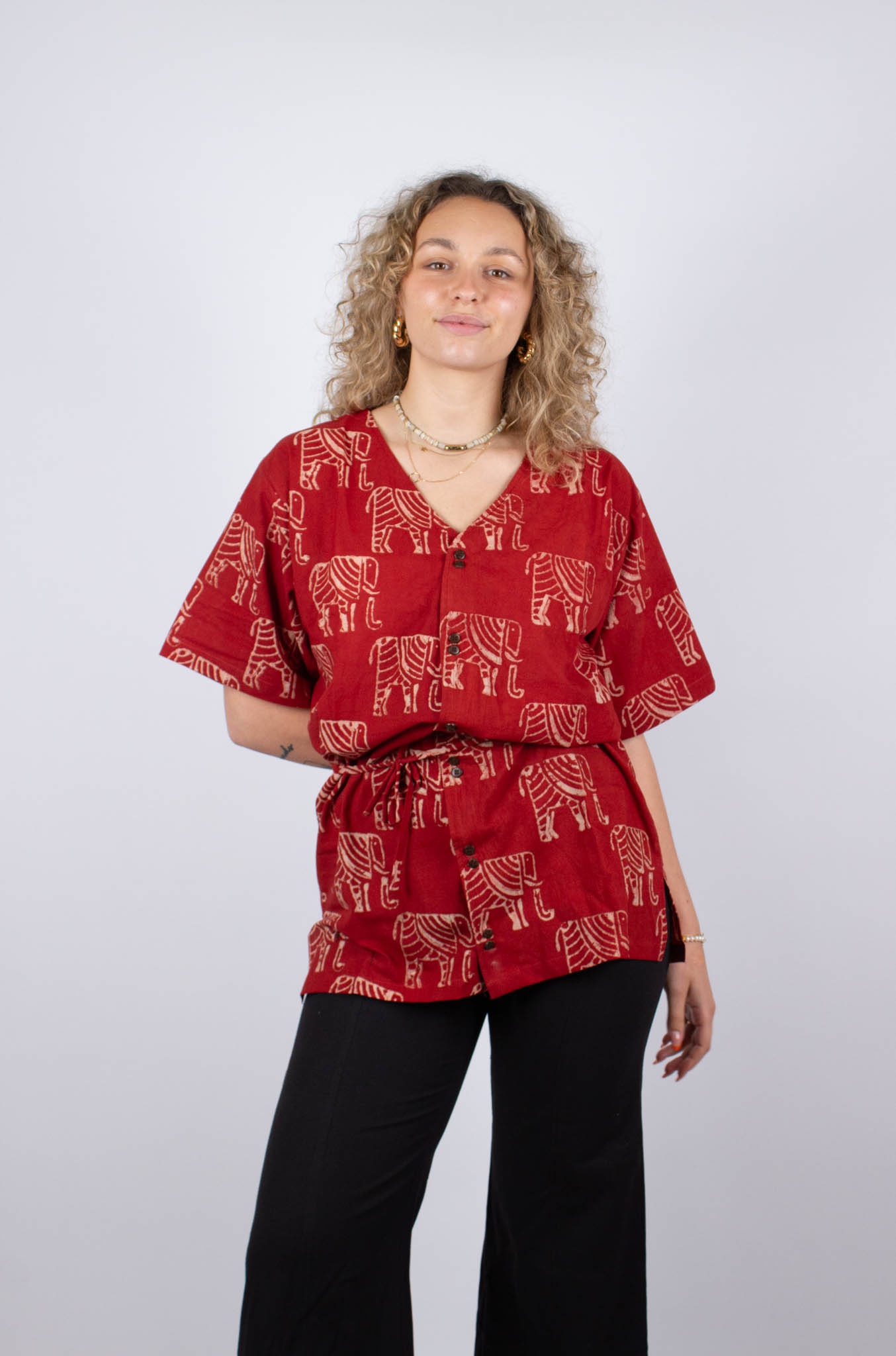 Chennai tunic in organic cotton Ganesha · red and ecru