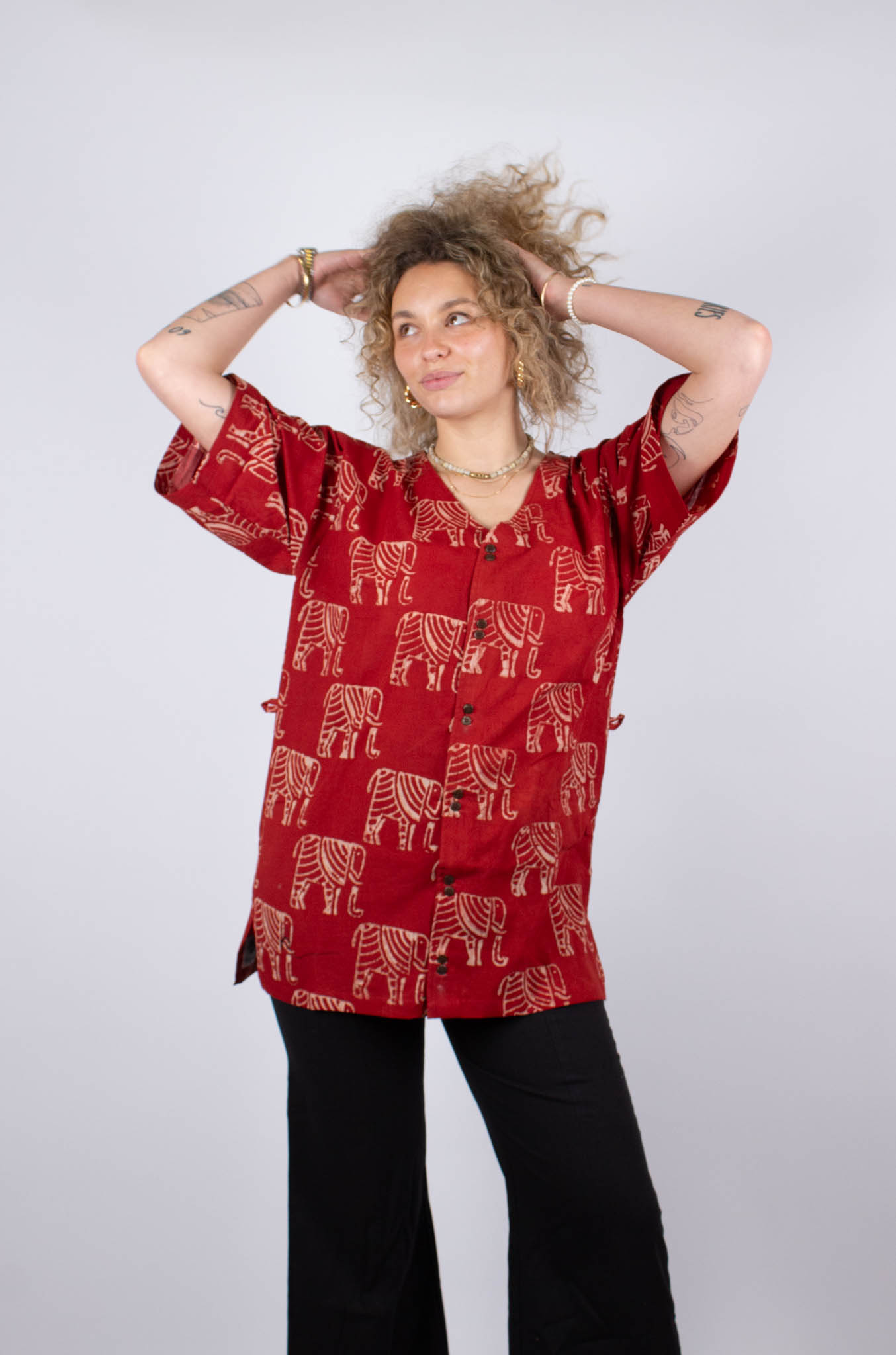 Chennai tunic in organic cotton Ganesha · red and ecru