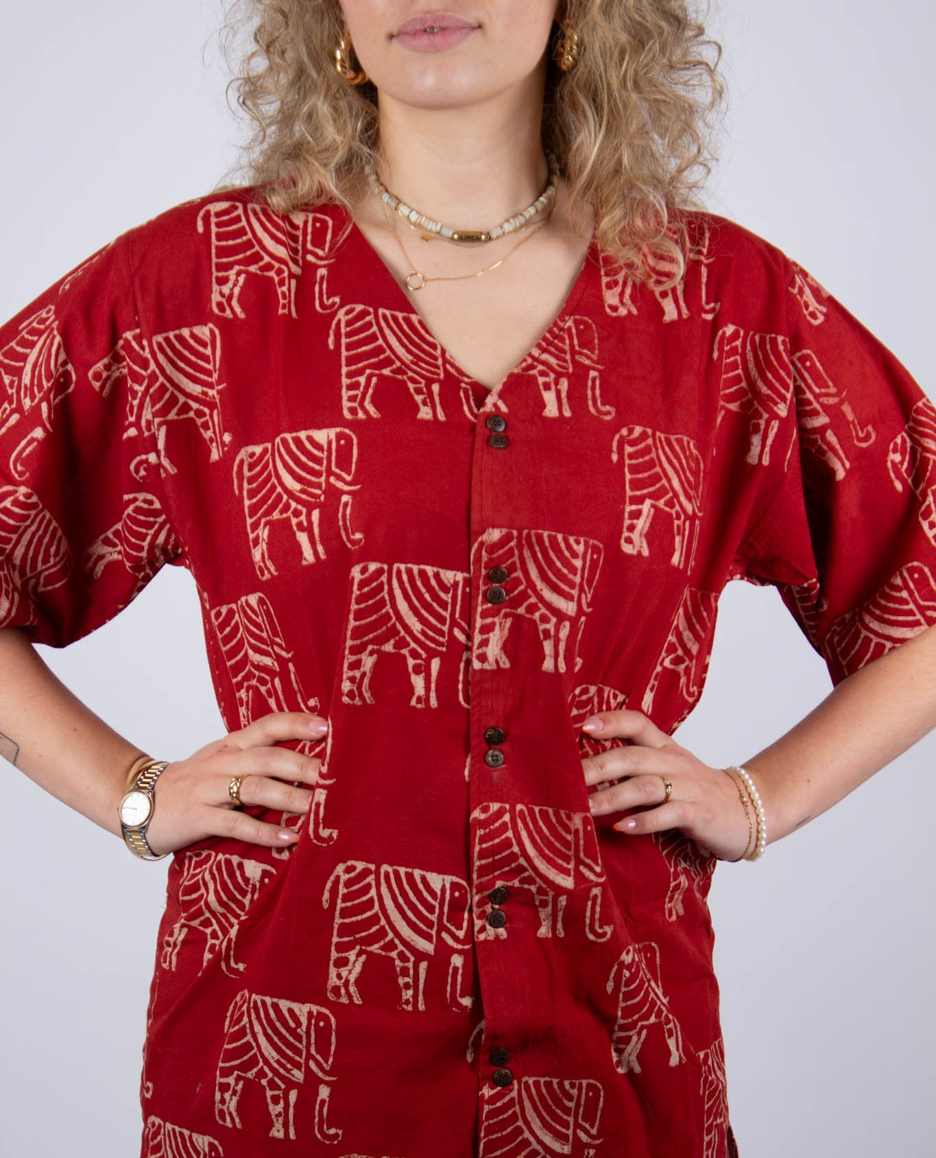 Chennai tunic in organic cotton Ganesha · red and ecru