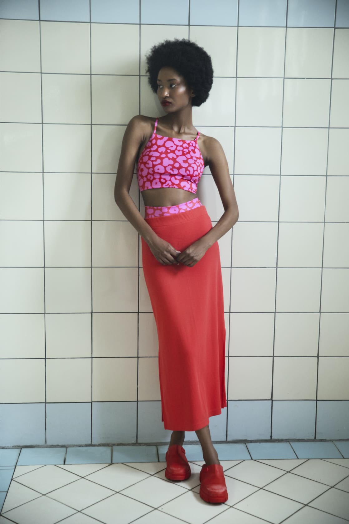 Leopard bikini top in recycled polyester · red and pink - bikini top orust painted leopard red