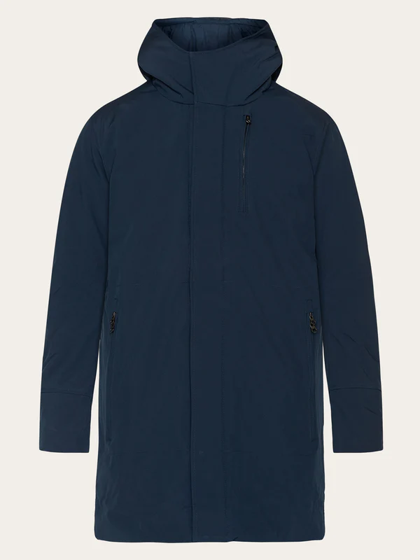 knowledge cotton apparel homme parka long soft shell jacket total eclipse polyester recycle bleu marine l armoire poethique 1