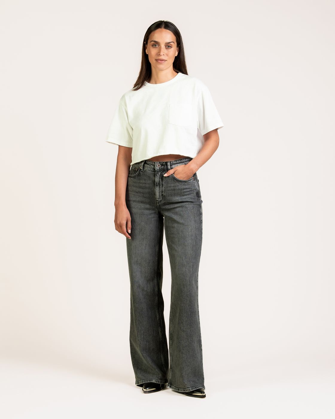 kuyichi femme jean large taille haute en coton bio gris delave harper wide leg