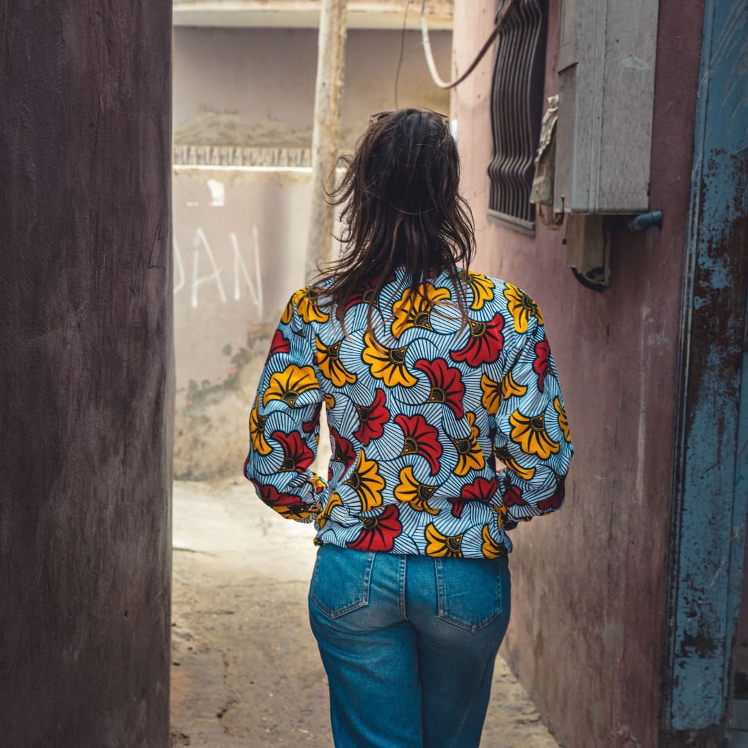 Loumpoul reversible cotton and cotton wax bomber jacket · red, yellow and navy blue