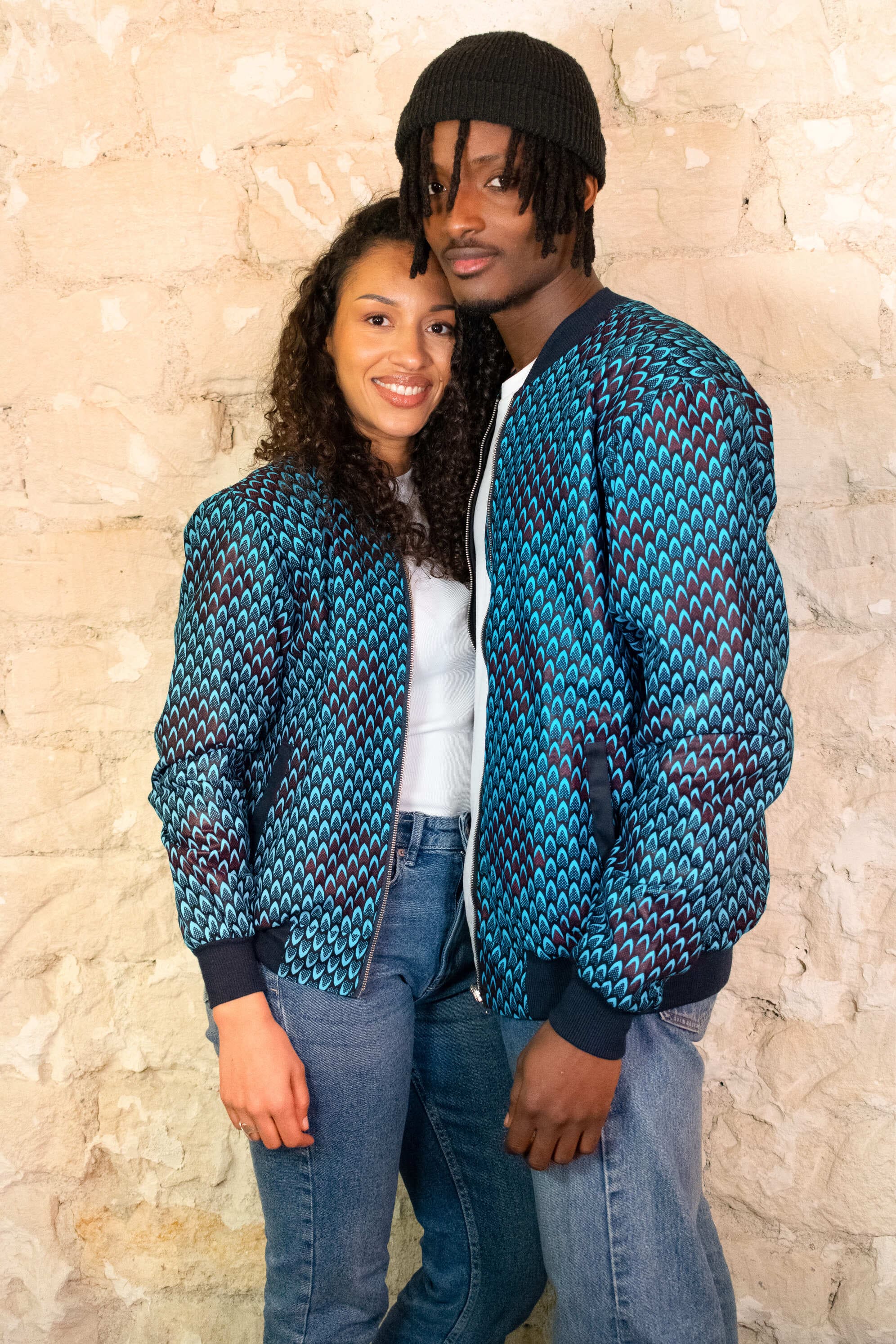 Bombers réversible en coton et wax de coton Pikine lagon · bleu et ble