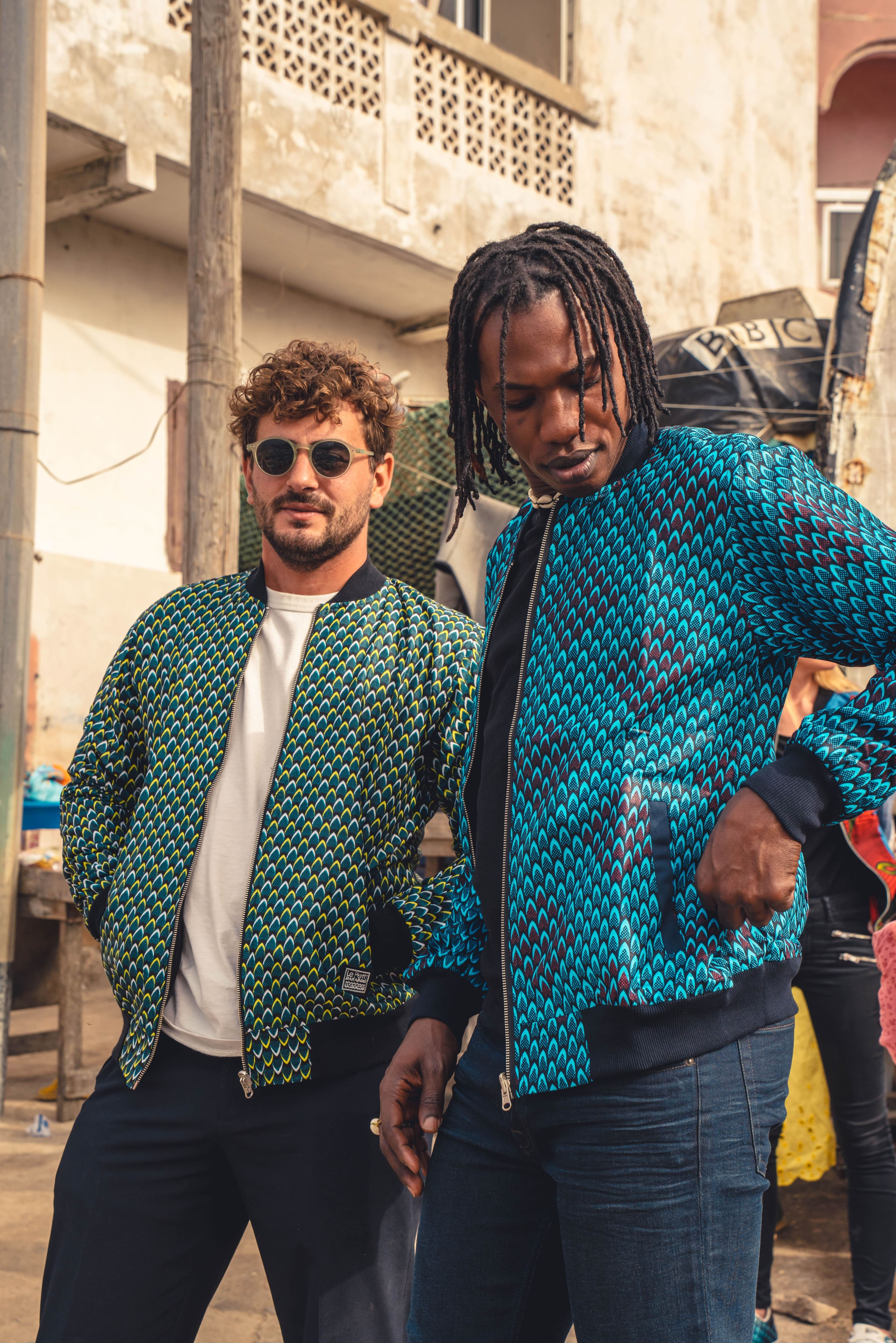 Bombers réversible en coton et wax de coton Pikine paon · vert et jaune et noir