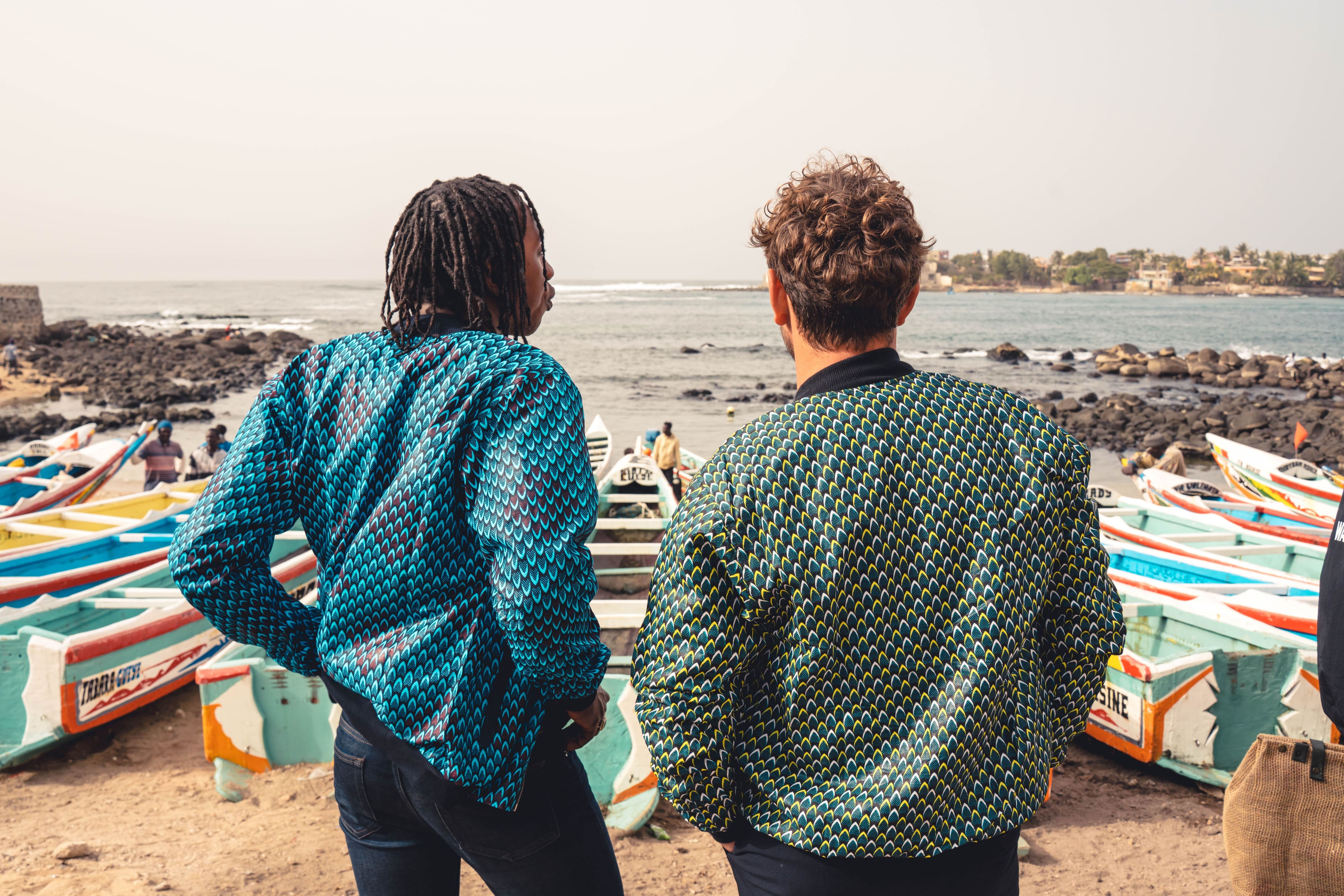Reversible bomber jacket in cotton and cotton wax Pikine peacock · green and yellow and black