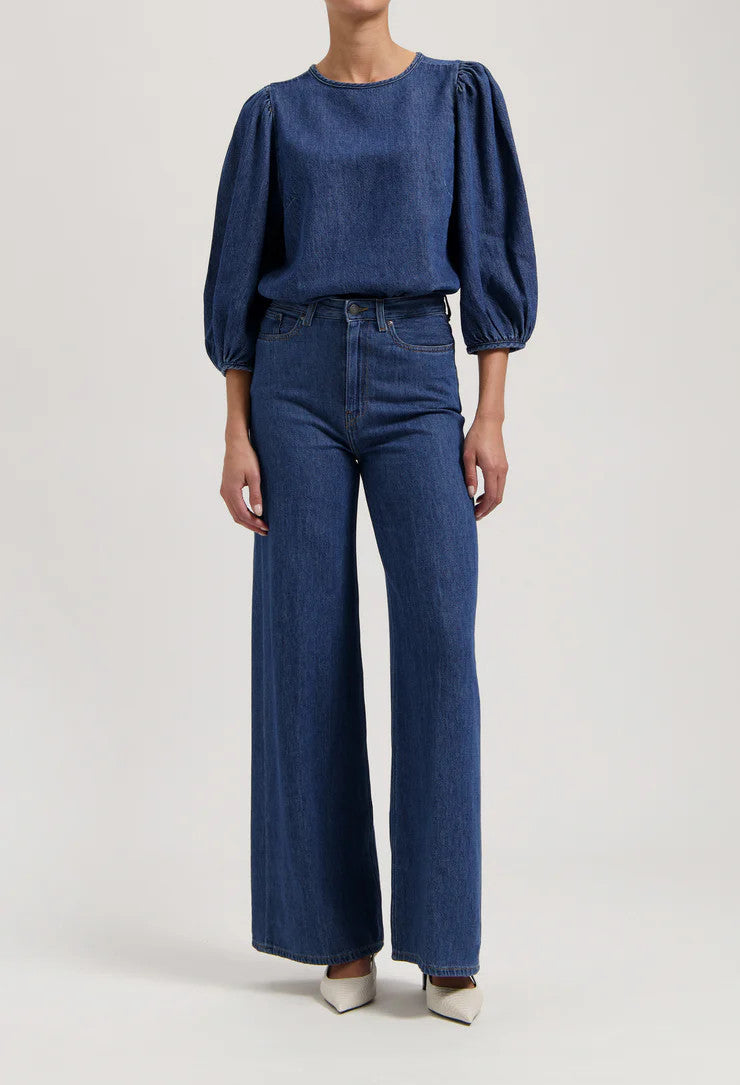 mud jeans femme blouse gloria flow stone indigo coton bio lin recycle l armoire poethique 2