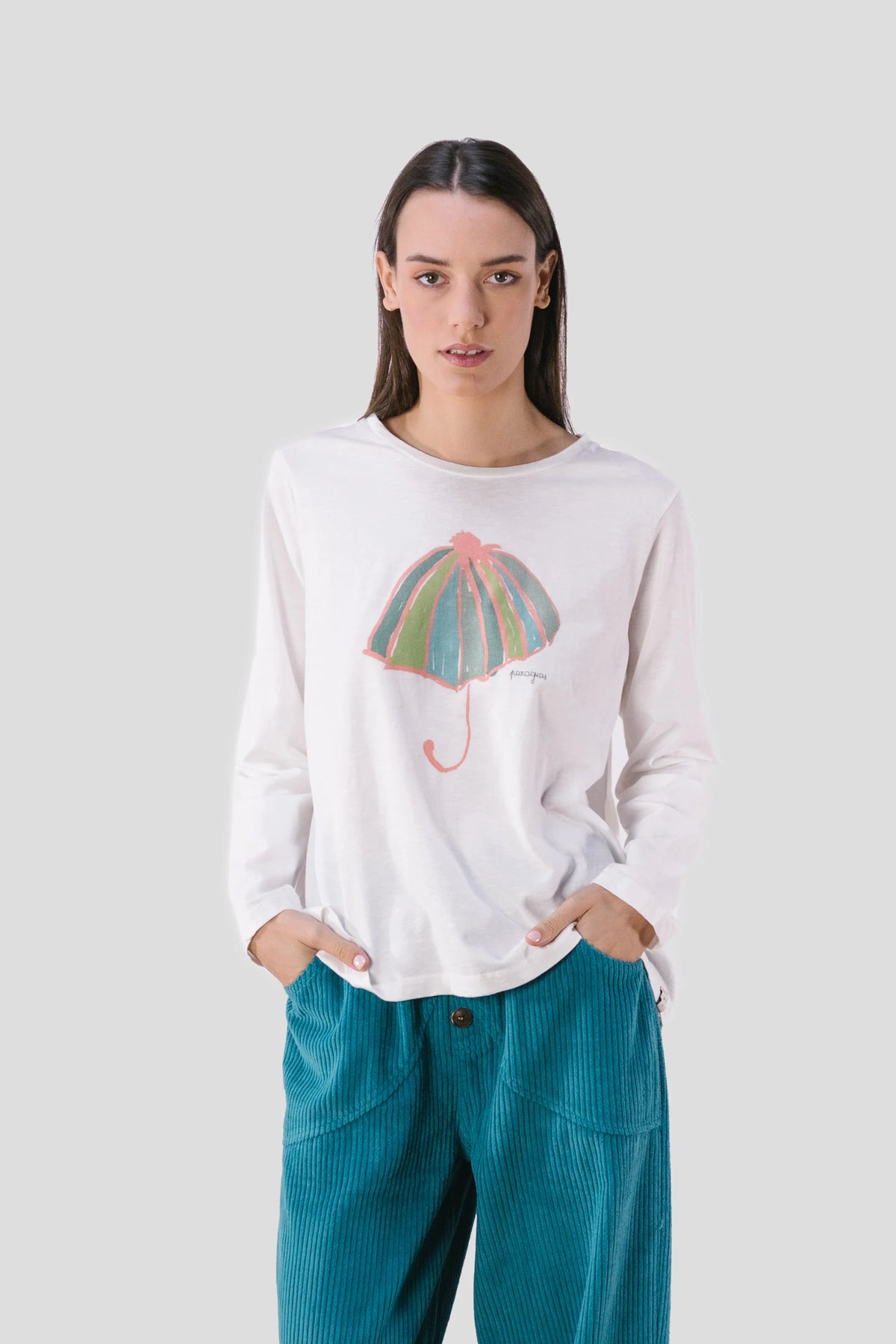 pan femme tee shirt parapluie a manches longues en coton bio blanc et multicolor