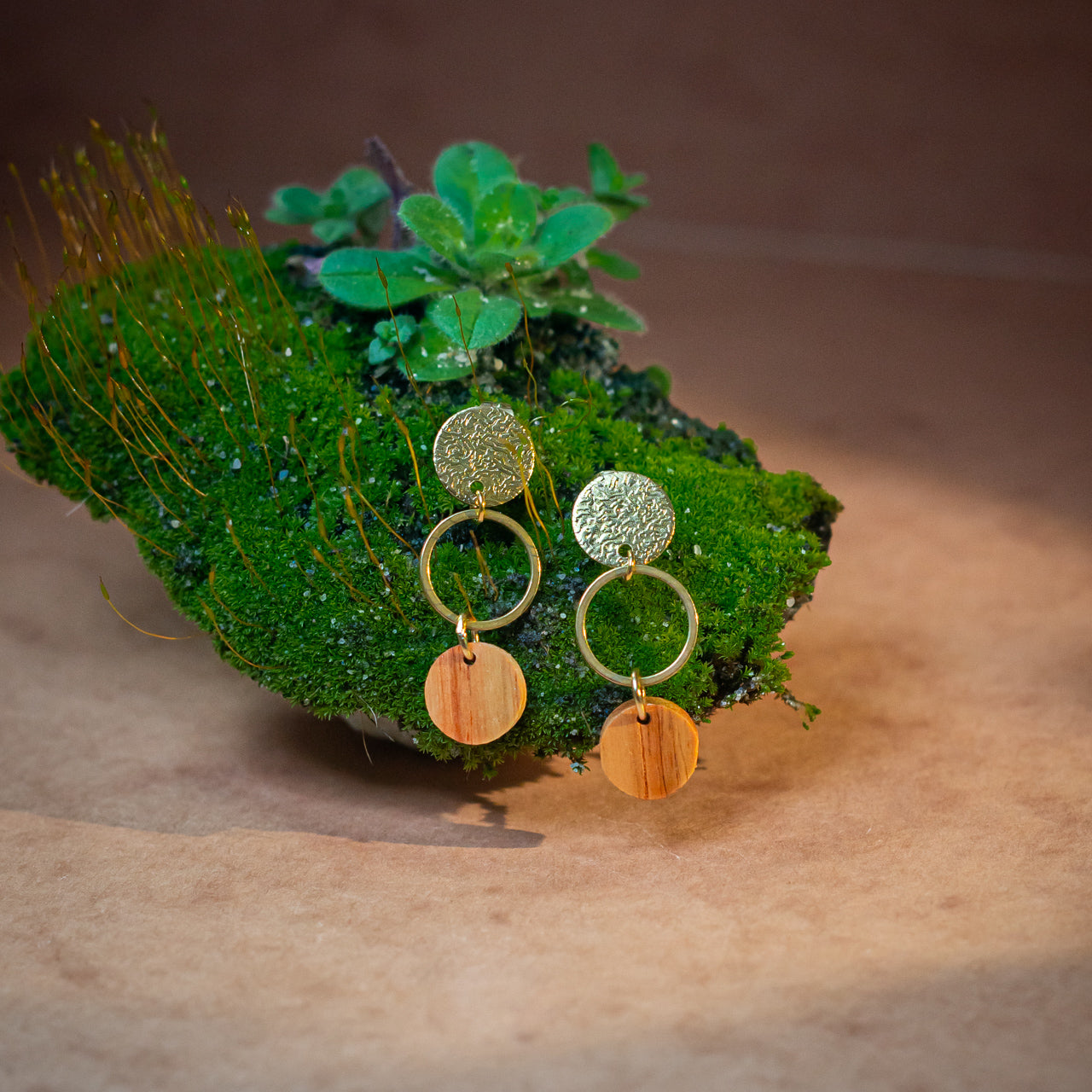 Precious wood scrap earrings, round drop studs · gold