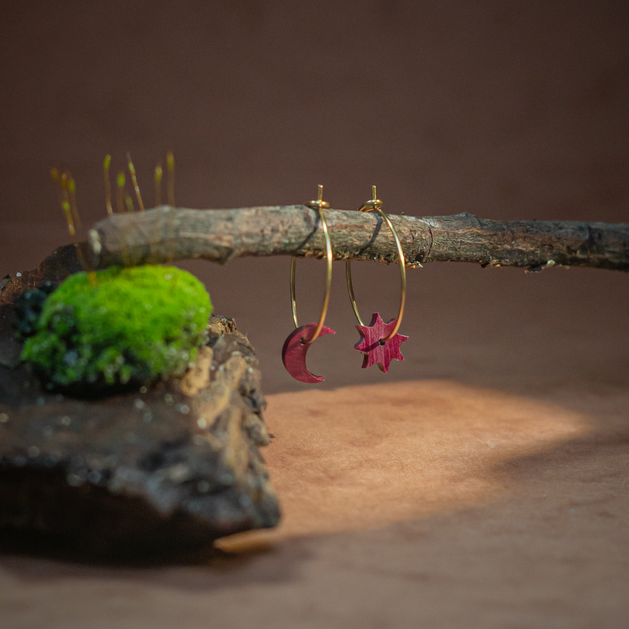 Moon and sun hoop earrings in precious wood scraps · gold
