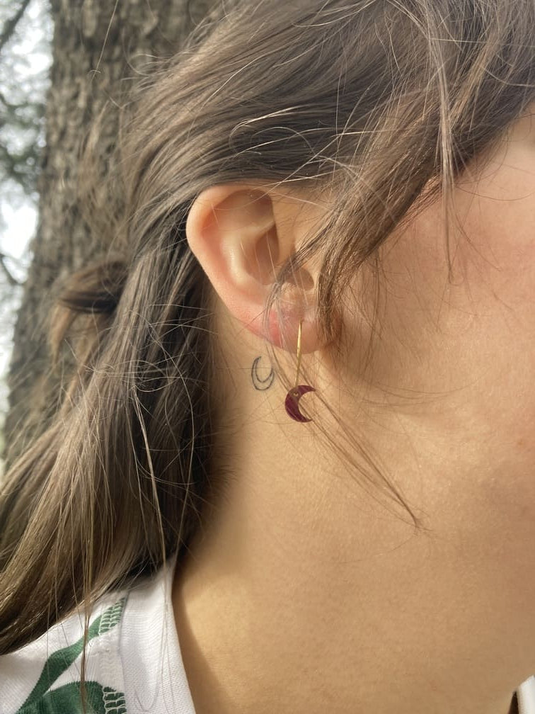 Moon and sun hoop earrings in precious wood scraps · gold