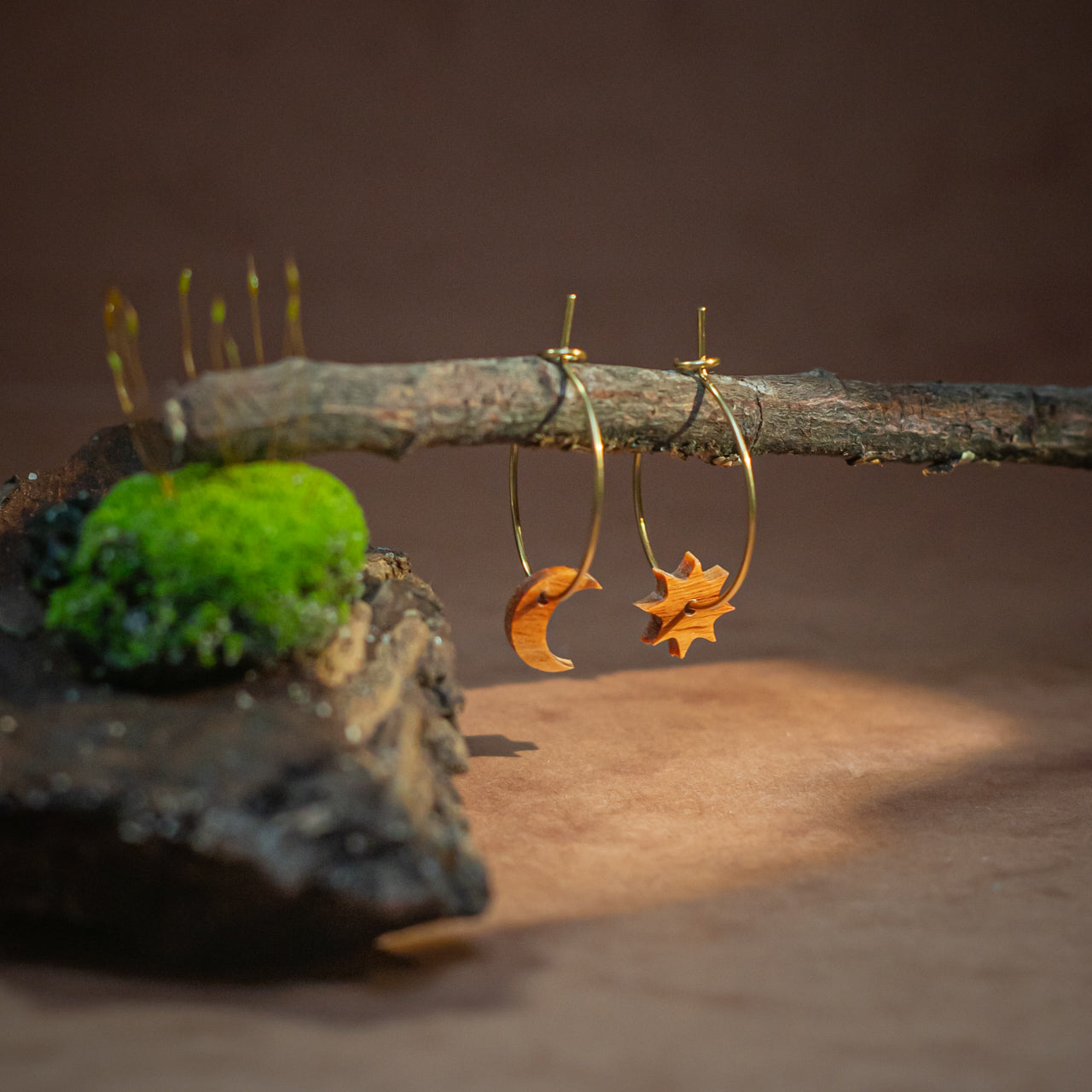 Moon and sun hoop earrings in precious wood scraps · gold