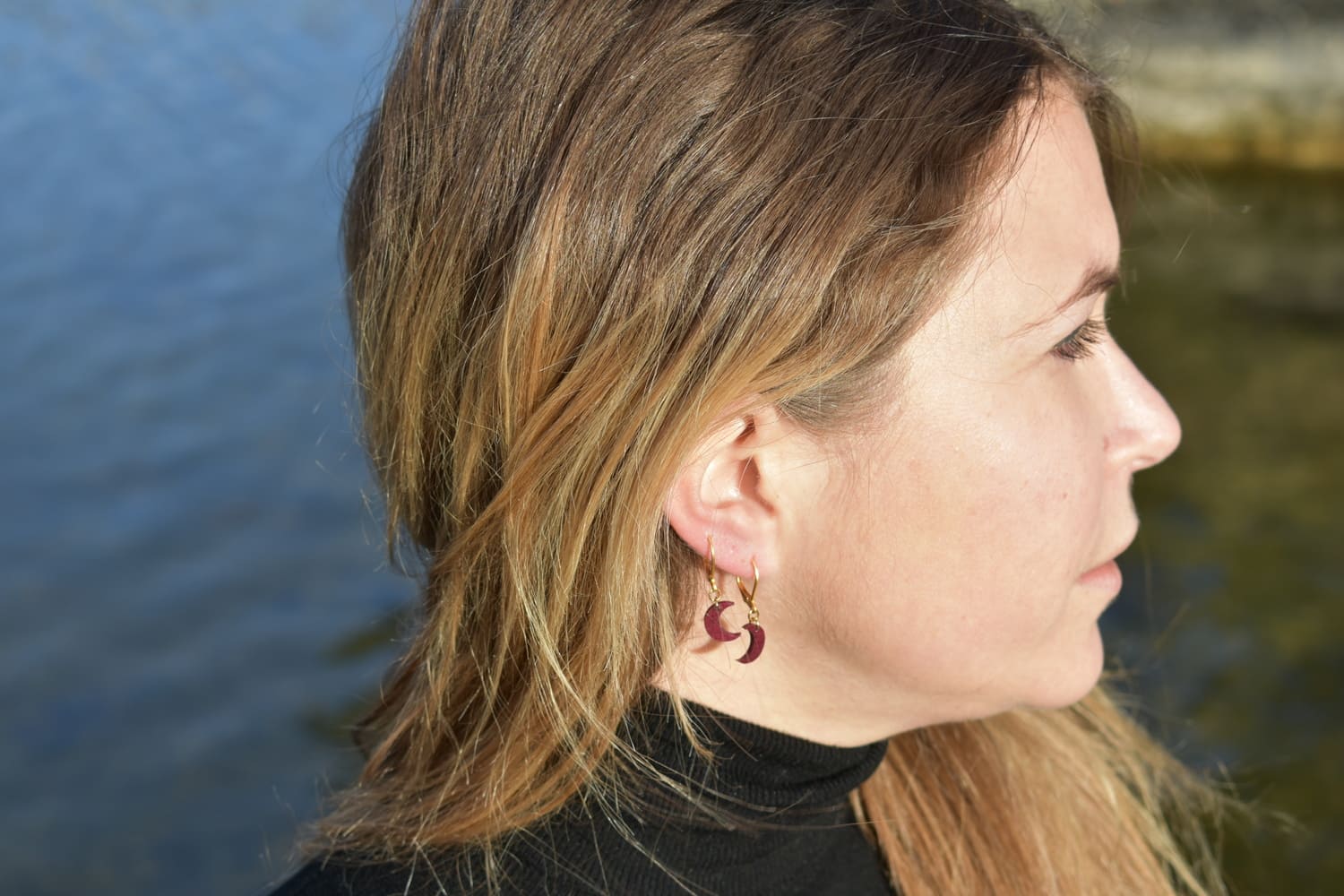 Half-moon sleeper earrings in precious wood scraps · gold