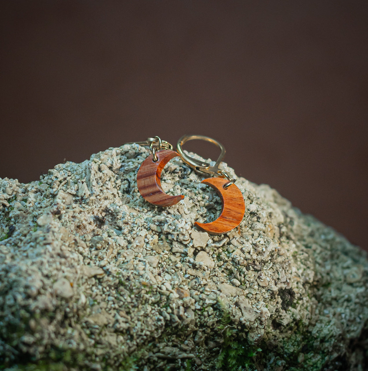 Half-moon sleeper earrings in precious wood scraps · gold