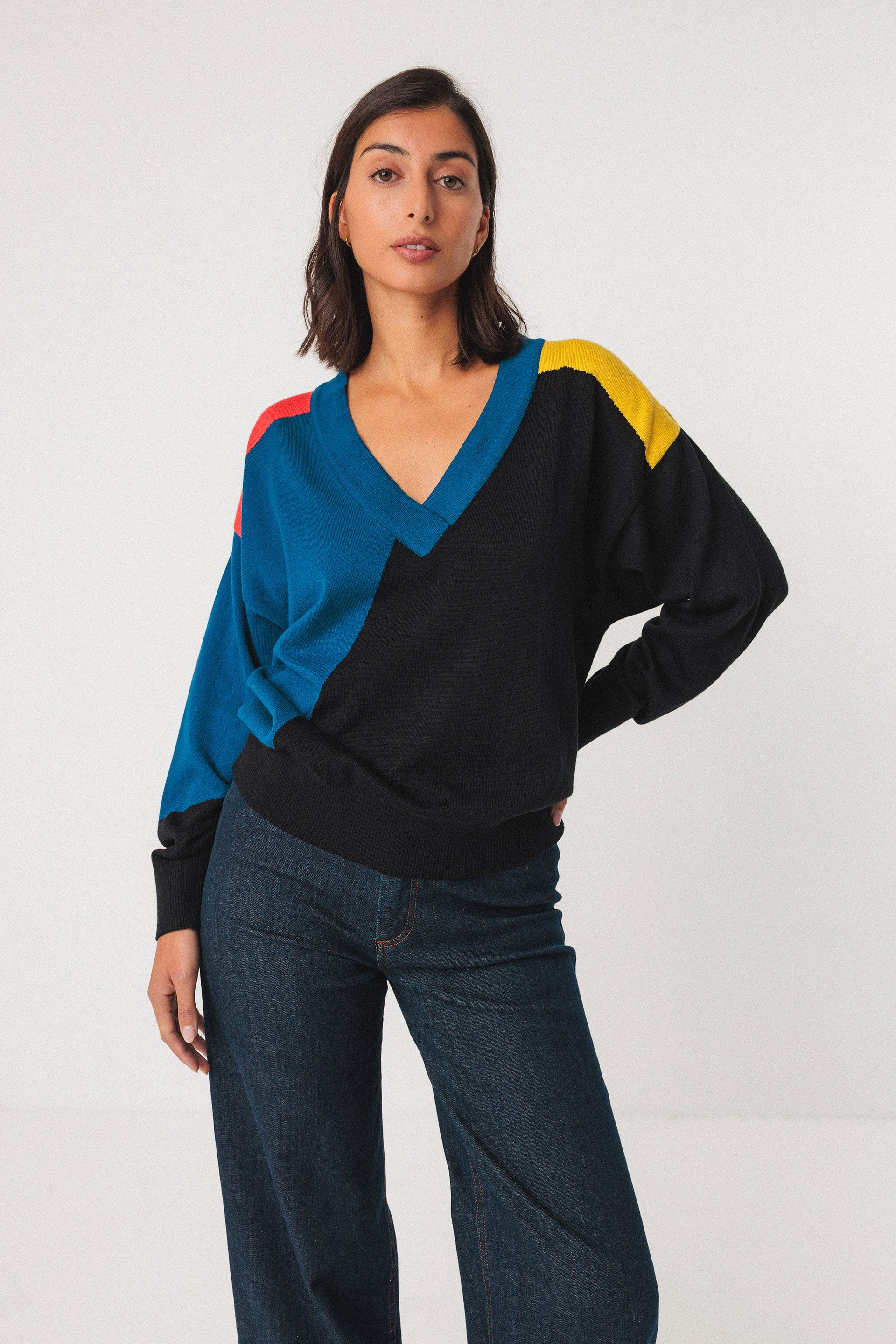 skfk femme pull adriana coton bio noir bleu jaune l armoire poethique 1