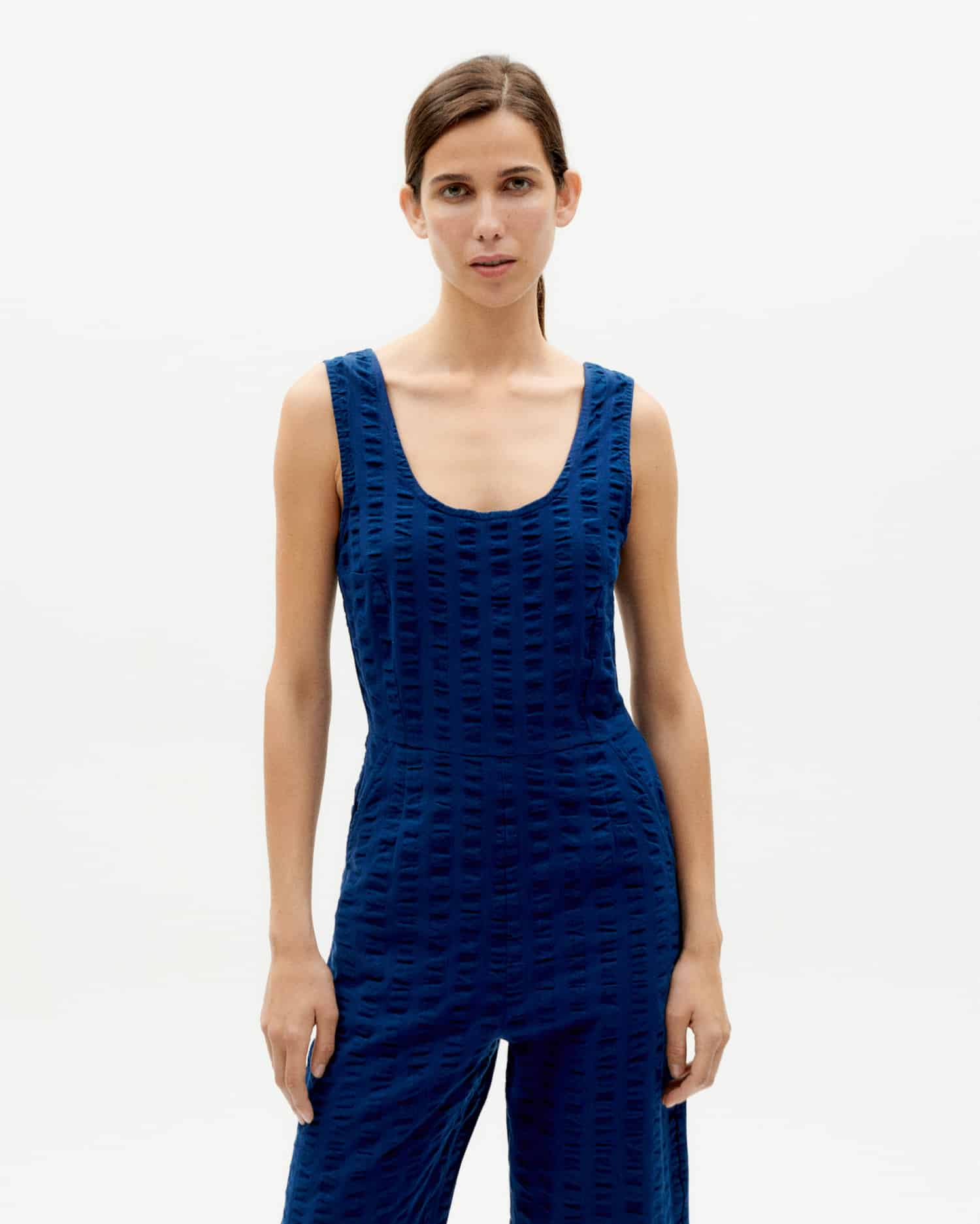 Navy big seersucker rafflesia organic cotton jumpsuit · navy blue