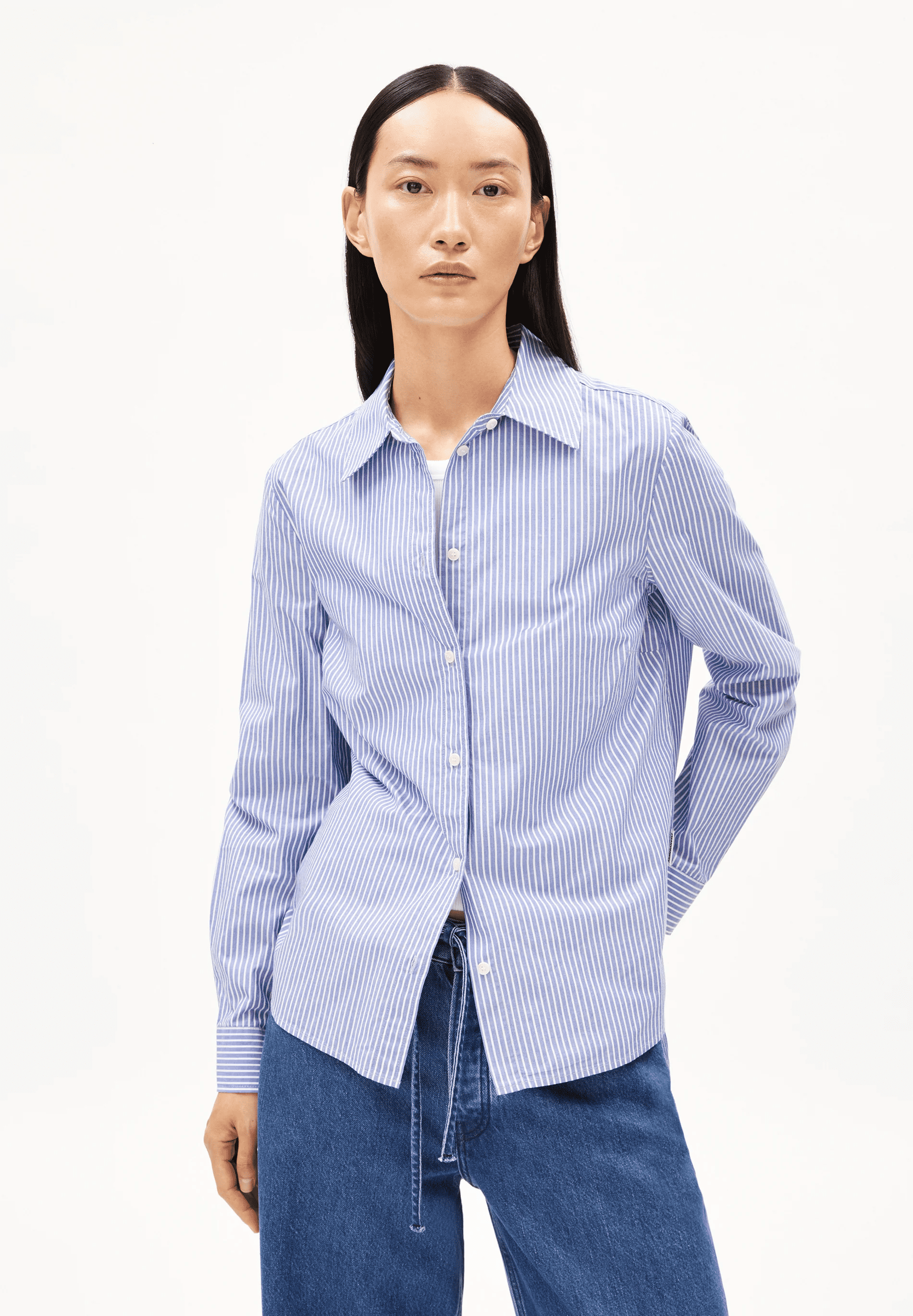 armedangels femme blouse louilaa striped coton bio blanc bleu l armoire poethique  1 