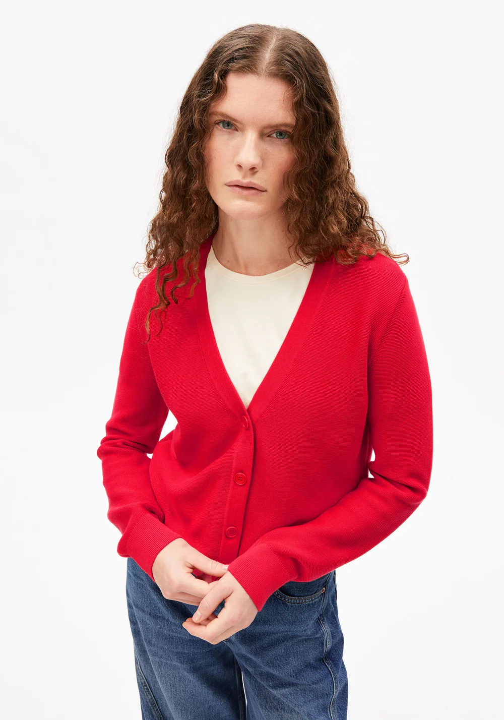 armedangels femme cardigan menaal links links coton bio rouge l armoire poethique  1 