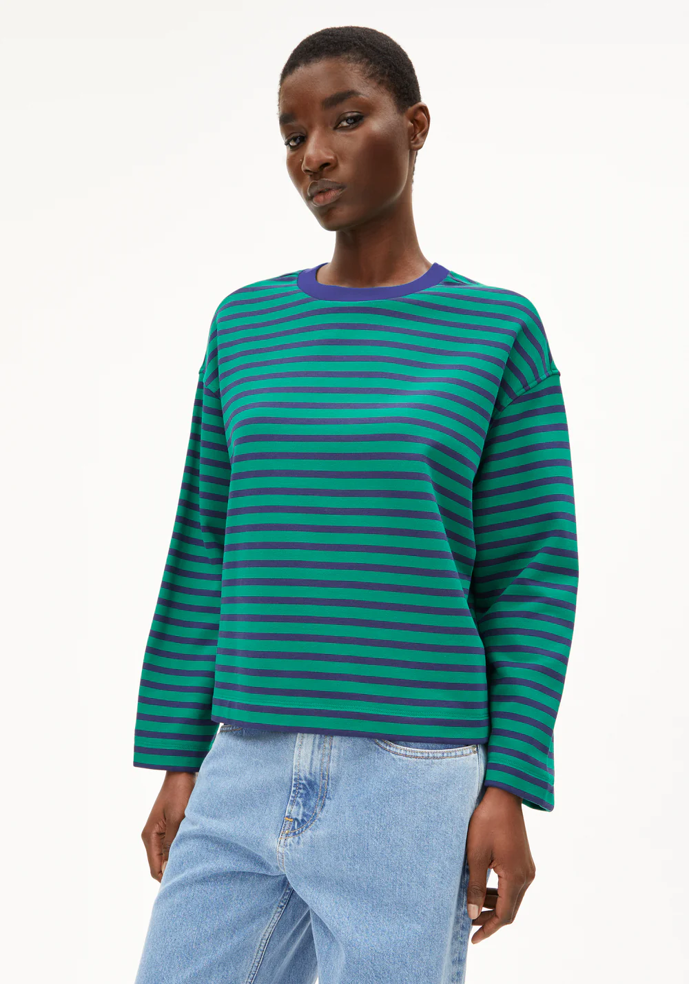 armedangels femme mariniere frankaa maarlen stripe coton bio vert bleu l armoire poethique  1 