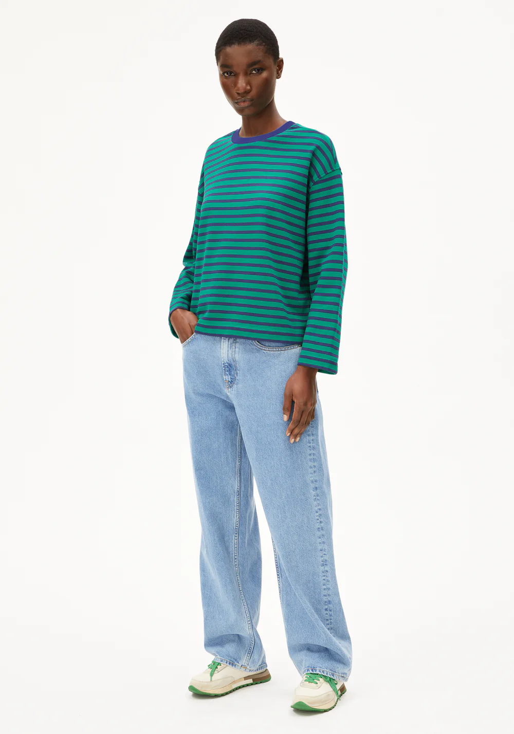 armedangels femme mariniere frankaa maarlen stripe coton bio vert bleu l armoire poethique  5 