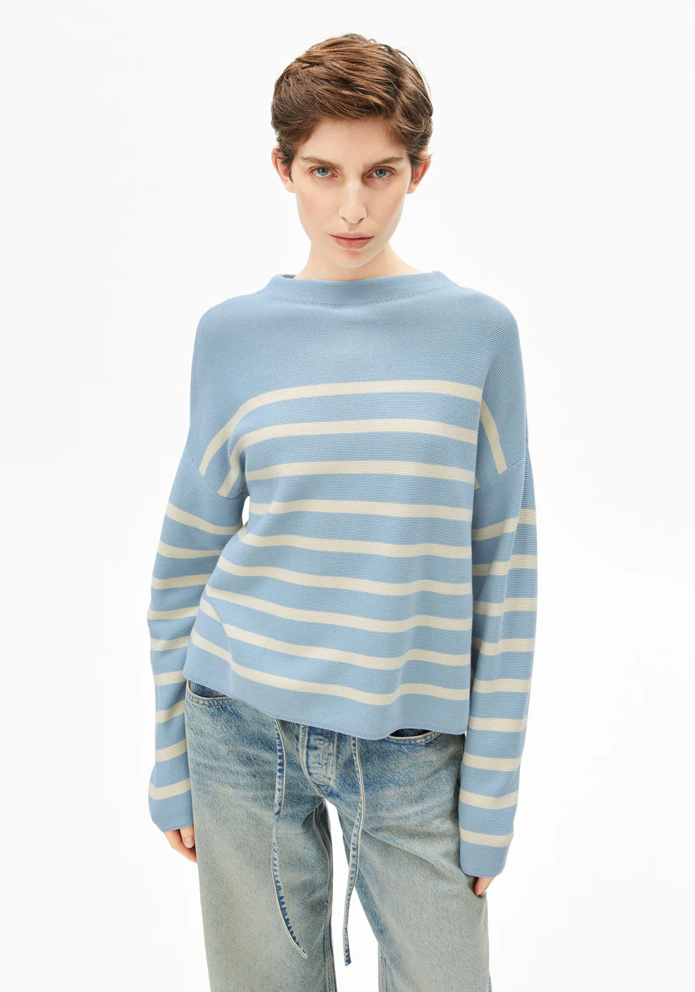armedangels femme pull merinaa stripes coton bio bleu blanc l armoire poethique  1 