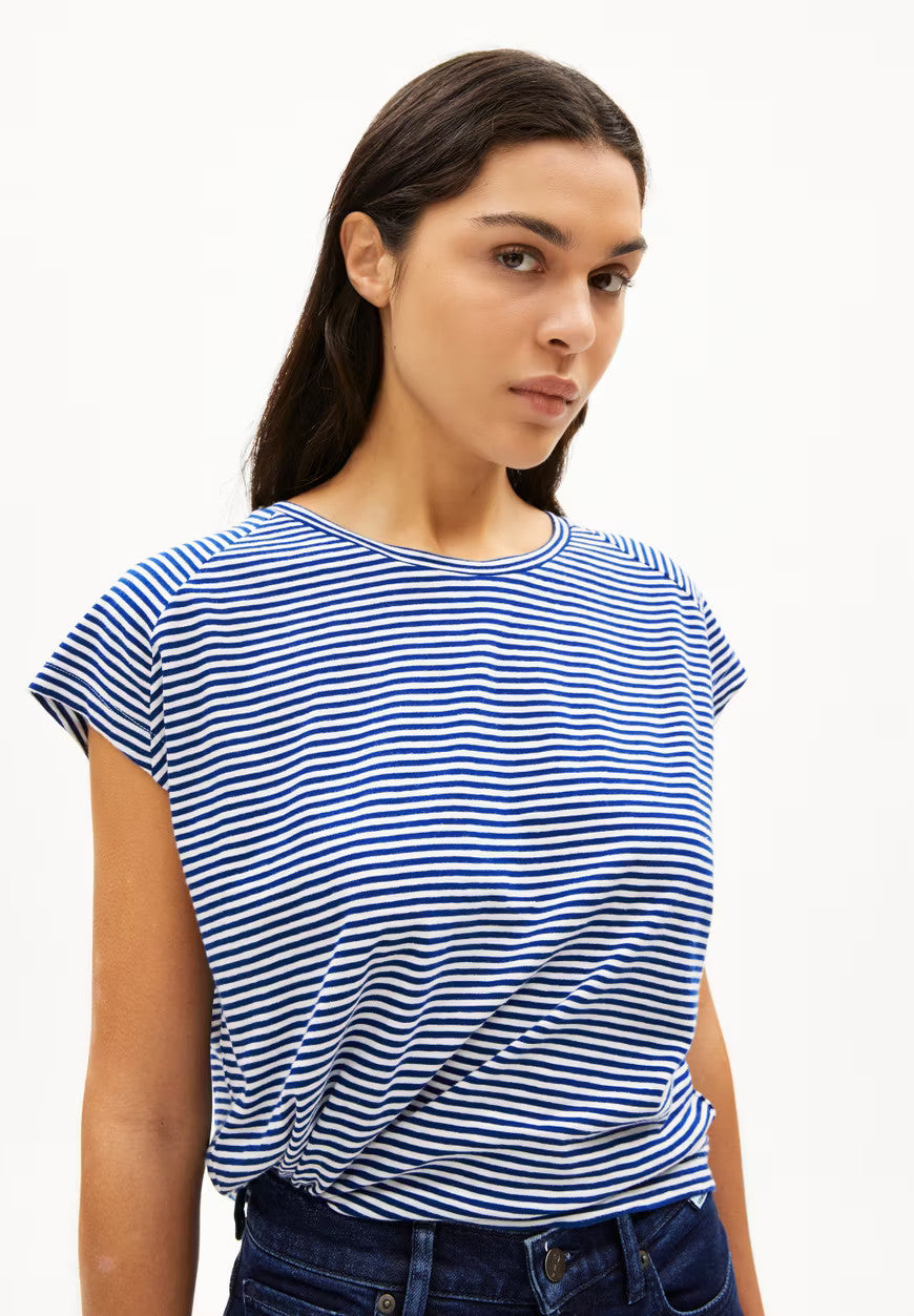 armedangels femme t shirt oneliaa lovely stripes coton bio bleu lapis creme l armoire poethique  3 