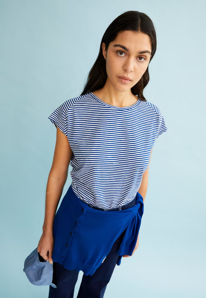 armedangels femme t shirt oneliaa lovely stripes coton bio bleu lapis creme l armoire poethique  4 