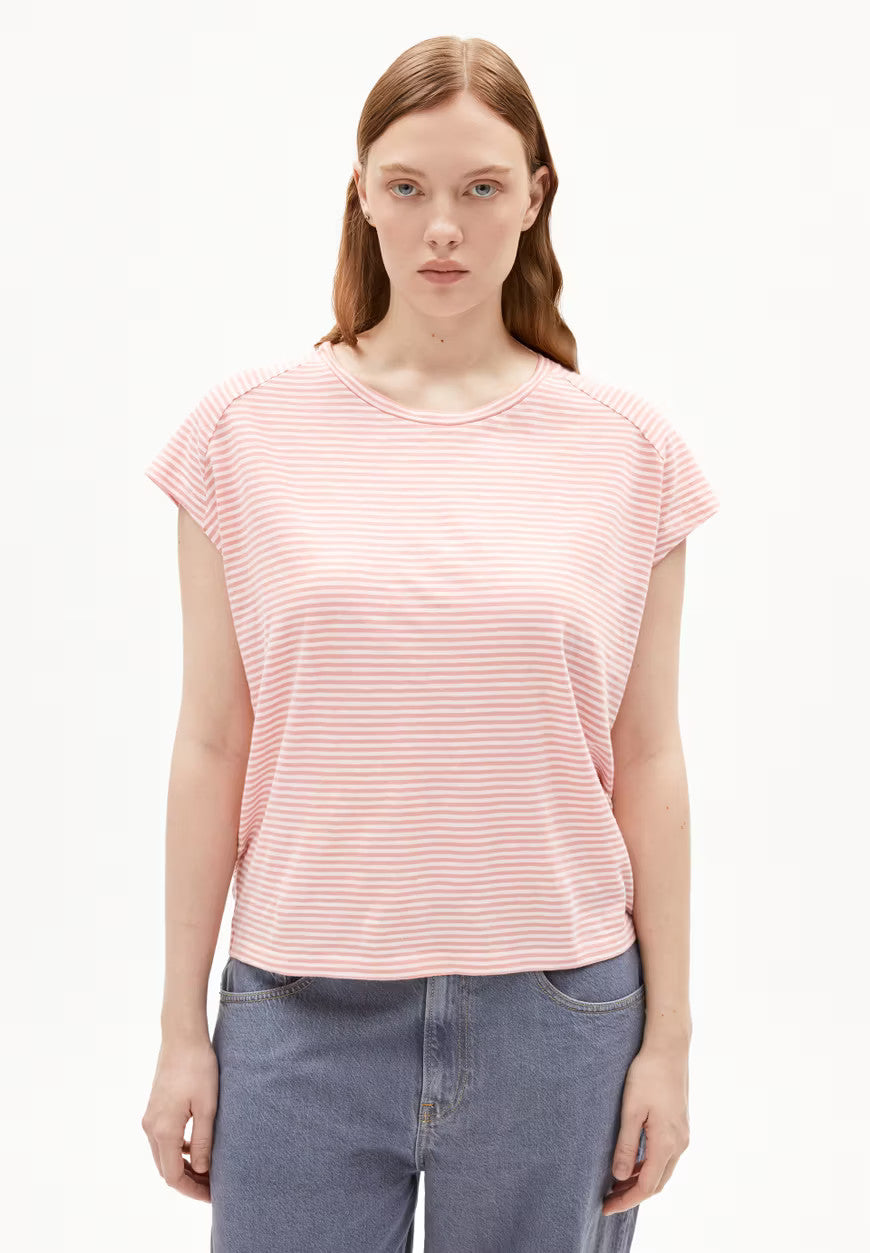 armedangels femme t shirt oneliaa lovely stripes coton bio rose clair creme l armoire poethique  1 