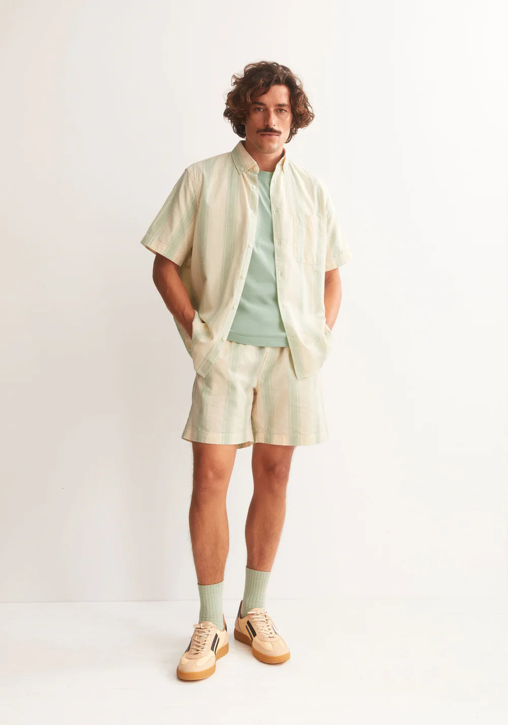 armedangels homme chemise rayee coton bio lin ecru vert l armoire poethique  4 