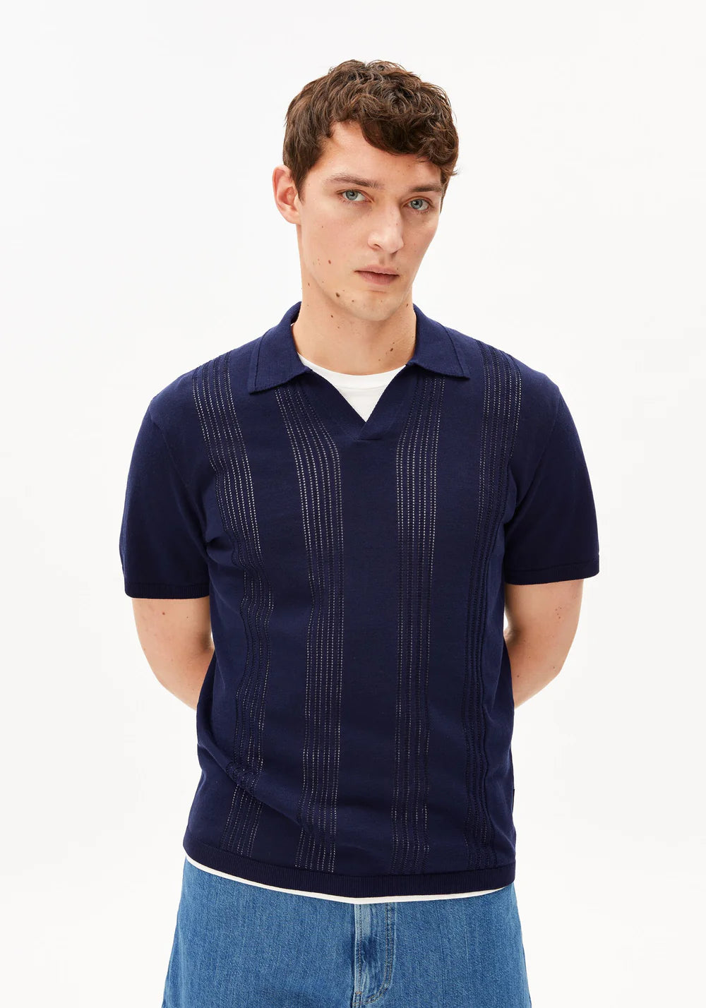 armedangels homme polo maille coton bio bleu l armoire poethique  6 