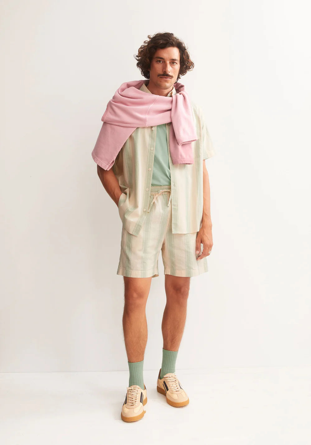 armedangels homme short raye coton bio lin ecru vert l armoire poethique  4 