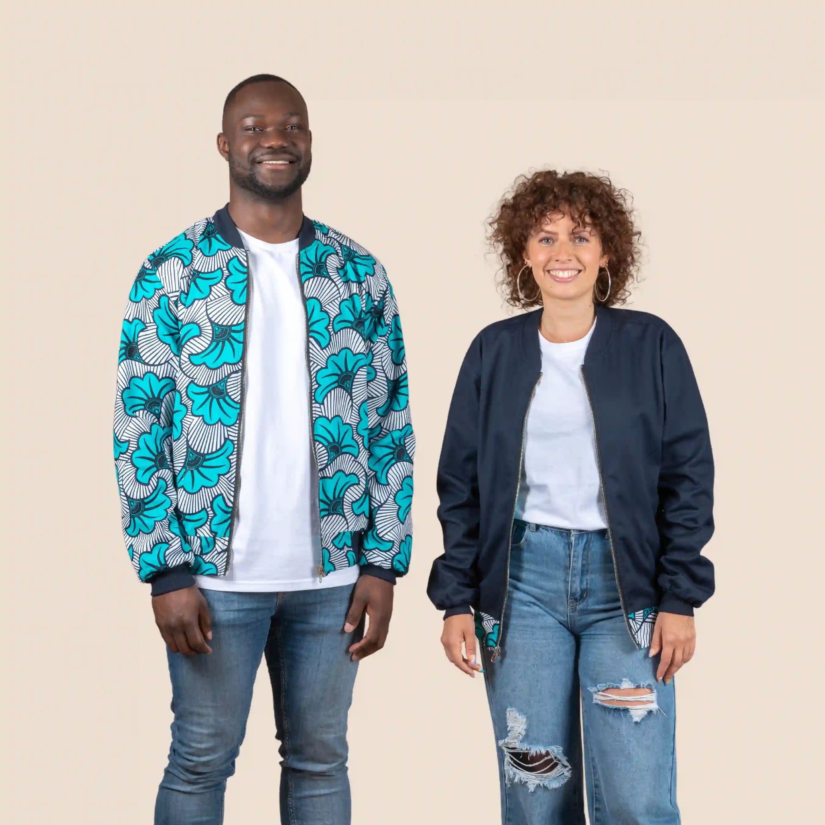 bombers rversible en coton et wax de coton loumpoul turquoise  bleu turquoise et blanc le petit dakarois unisexe bombers coton wax loumpoul turquoise l armoire poethique 2