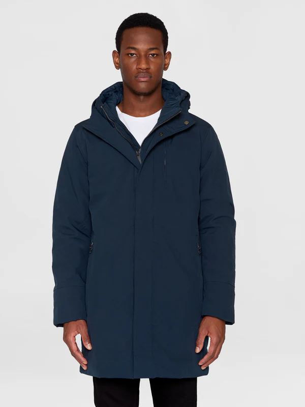 knowledge cotton apparel homme parka long soft shell jacket total eclipse polyester recycle bleu marine l armoire poethique  2 