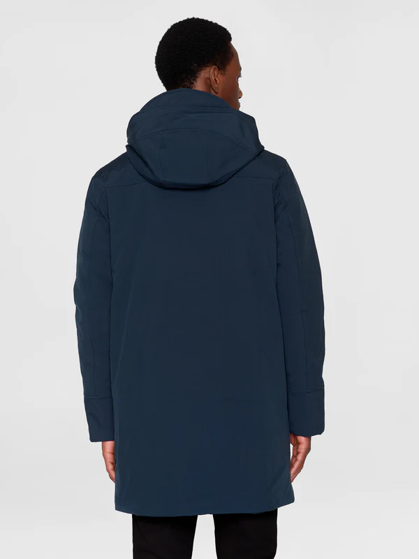 knowledge cotton apparel homme parka long soft shell jacket total eclipse polyester recycle bleu marine l armoire poethique  3 