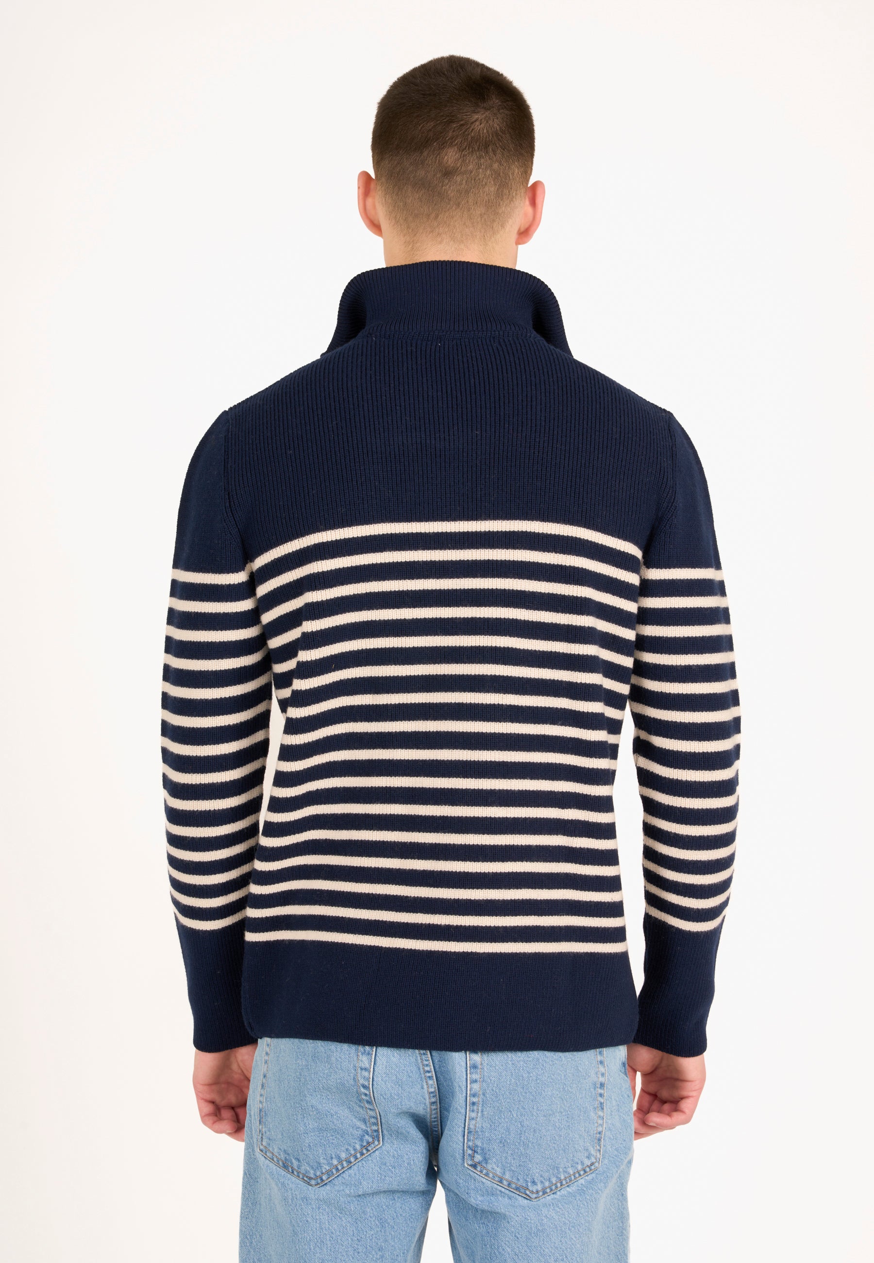knowledge cotton apparel homme pull 1 2 neck zip merino wool rib knit laine bleu marine l armoire poethique  4 
