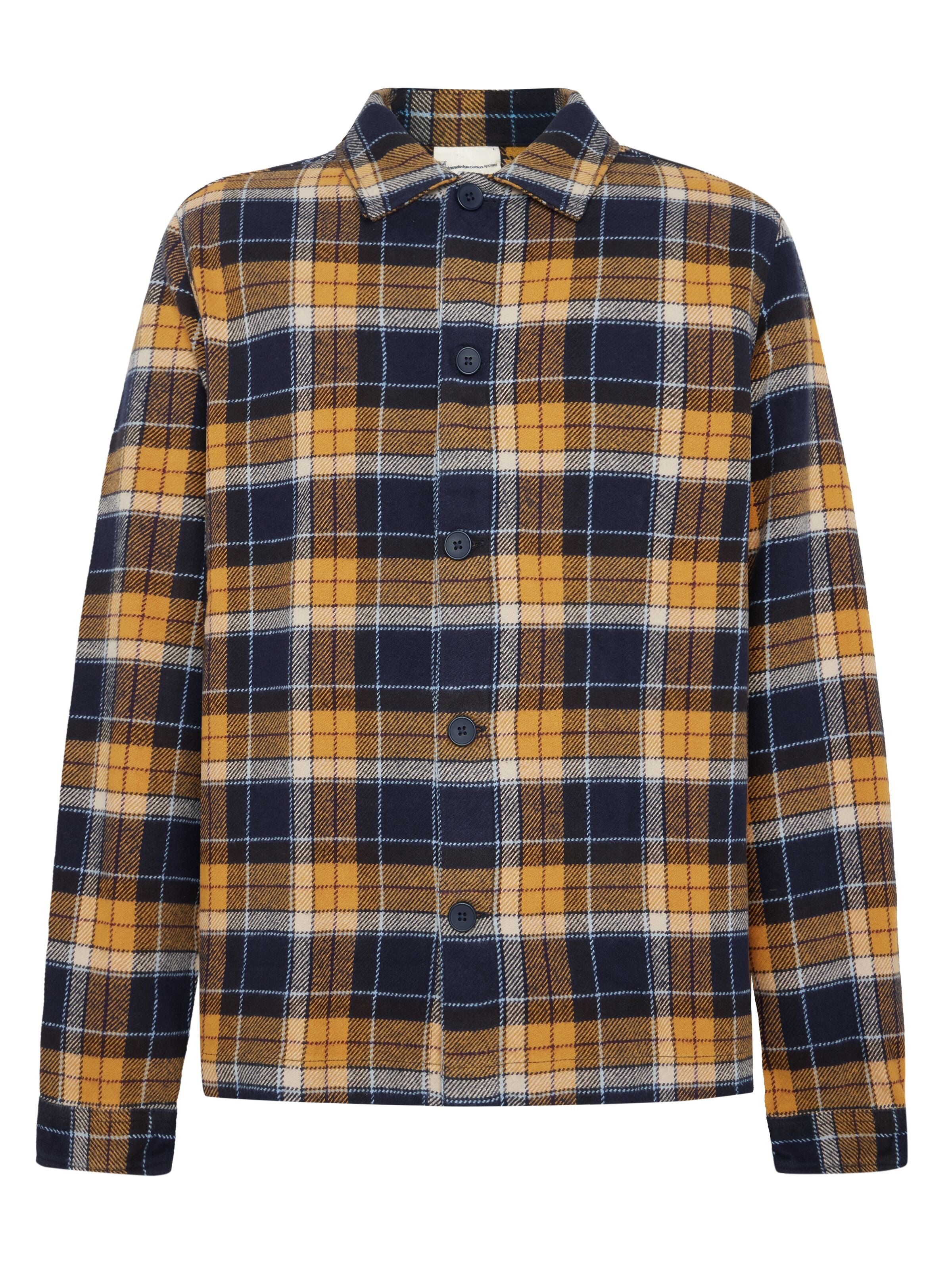 knowledge cotton apparel homme surchemise flannel overshirt coton bio bleu marine jaune l armoire poethique  1 