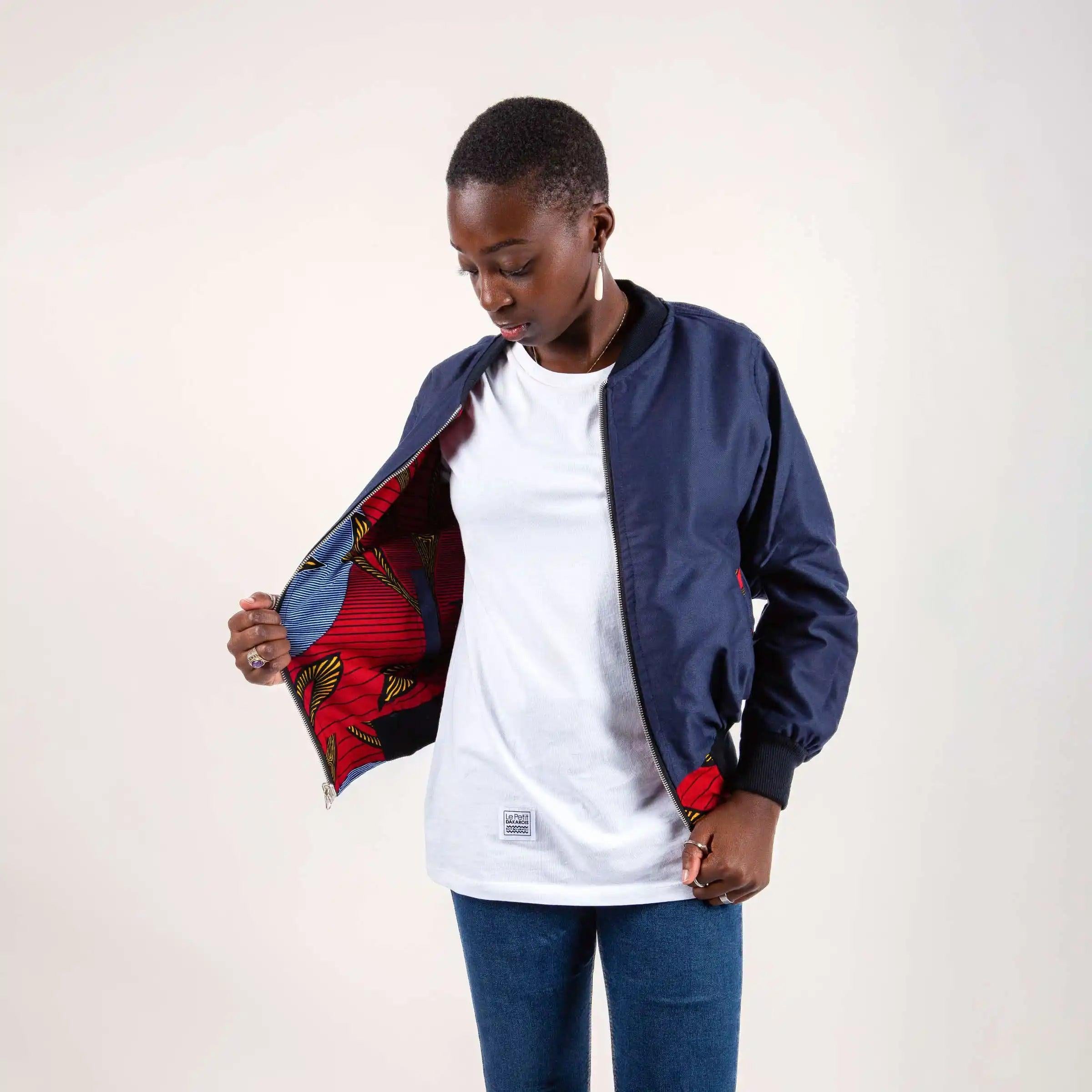 Bombers réversible en coton et wax de coton Casamance · rouge et bleu marine