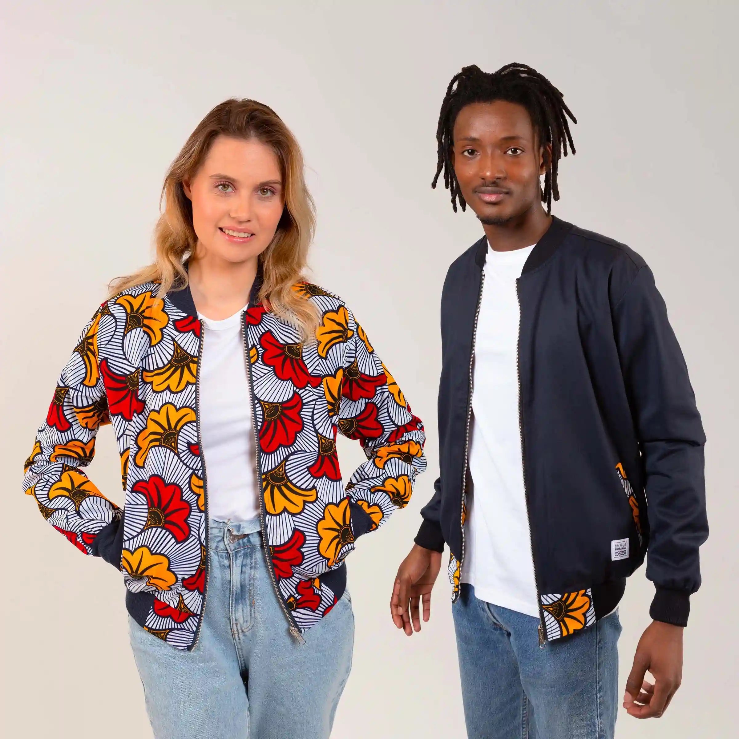 Bombers réversible en coton et wax de coton Loumpoul · rouge et jaune et bleu marine