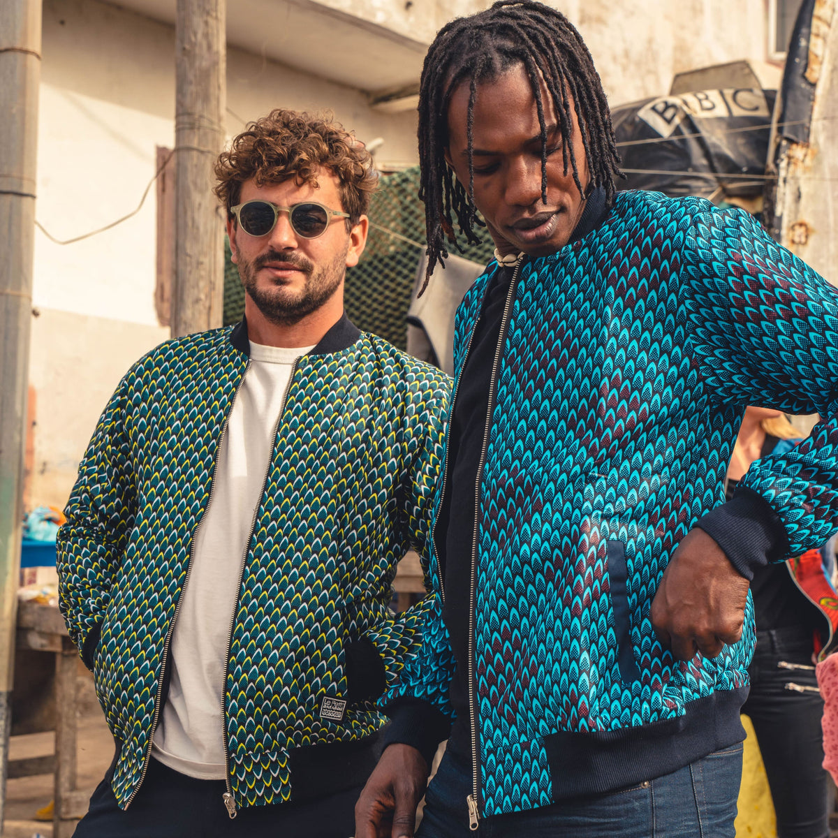 Bombers réversible en coton et wax de coton Pikine paon · vert et jaun