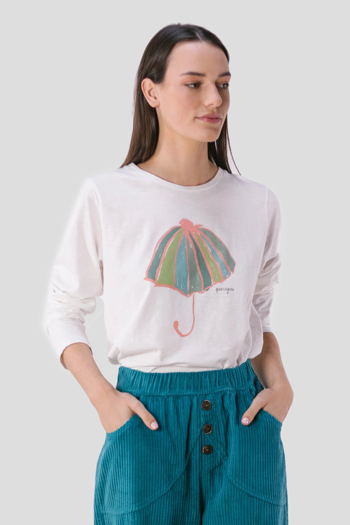 pan femme tee shirt parapluie a manches longues en coton bio blanc et multicolor