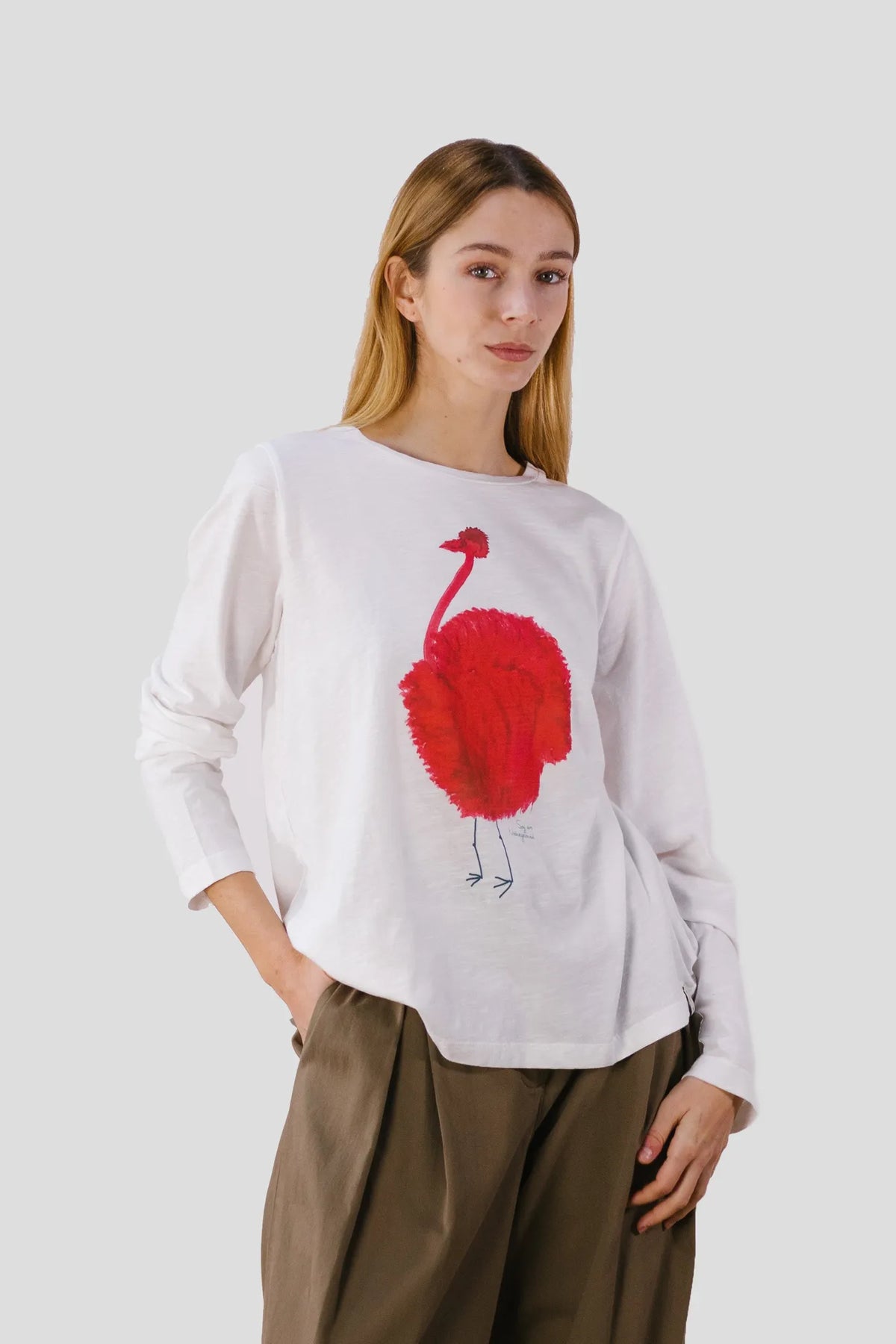 pan tee shirt autruche a manches longues en coton bio blanc et rouge   camiseta crudo avestruz l armoire poethique