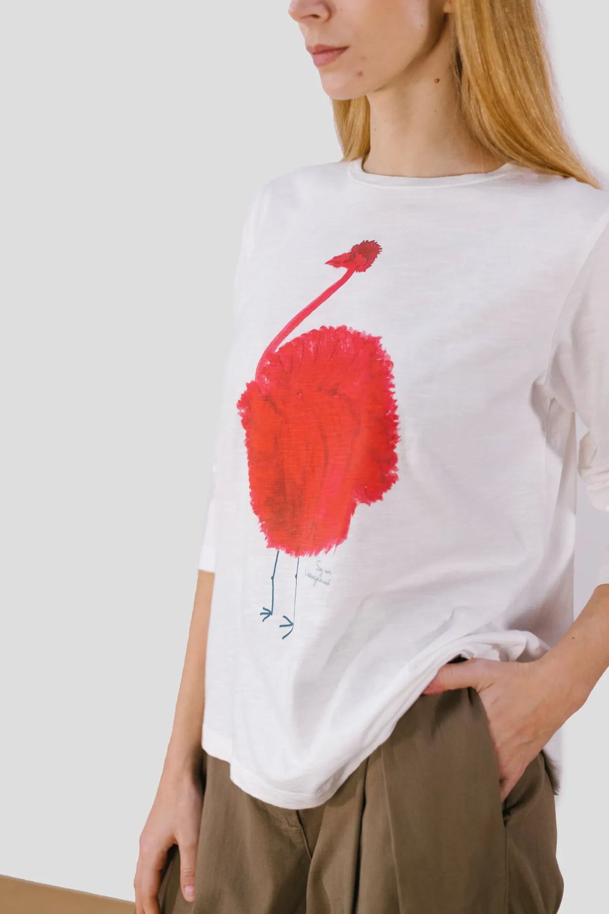 pan tee shirt autruche a manches longues en coton bio blanc et rouge   camiseta crudo avestruz l armoire poethique