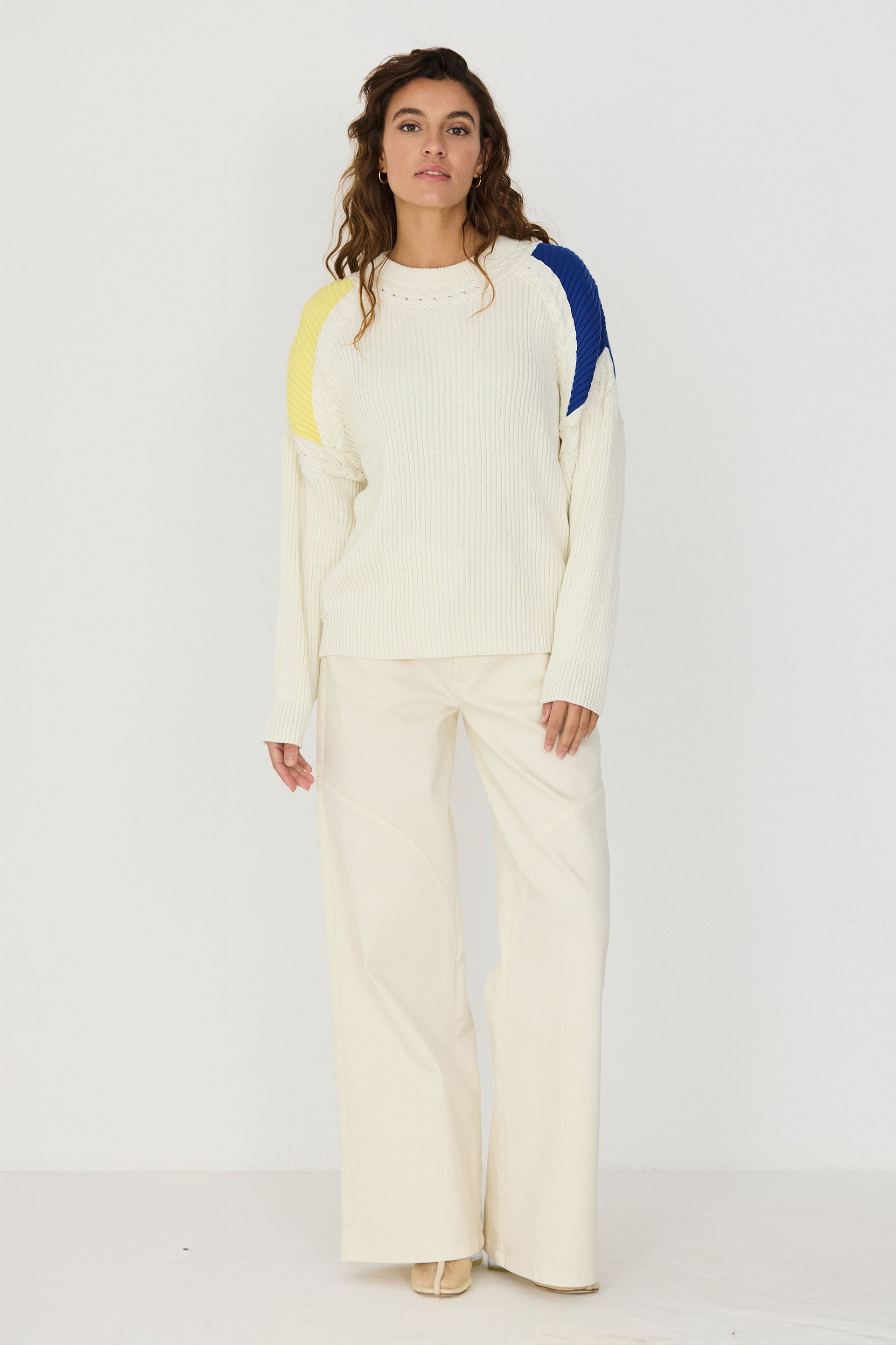 pull en coton bio ihure  crme bleu et jaune skfk femme pull ihure coton bio crme bleu jaune l armoire poethique 2