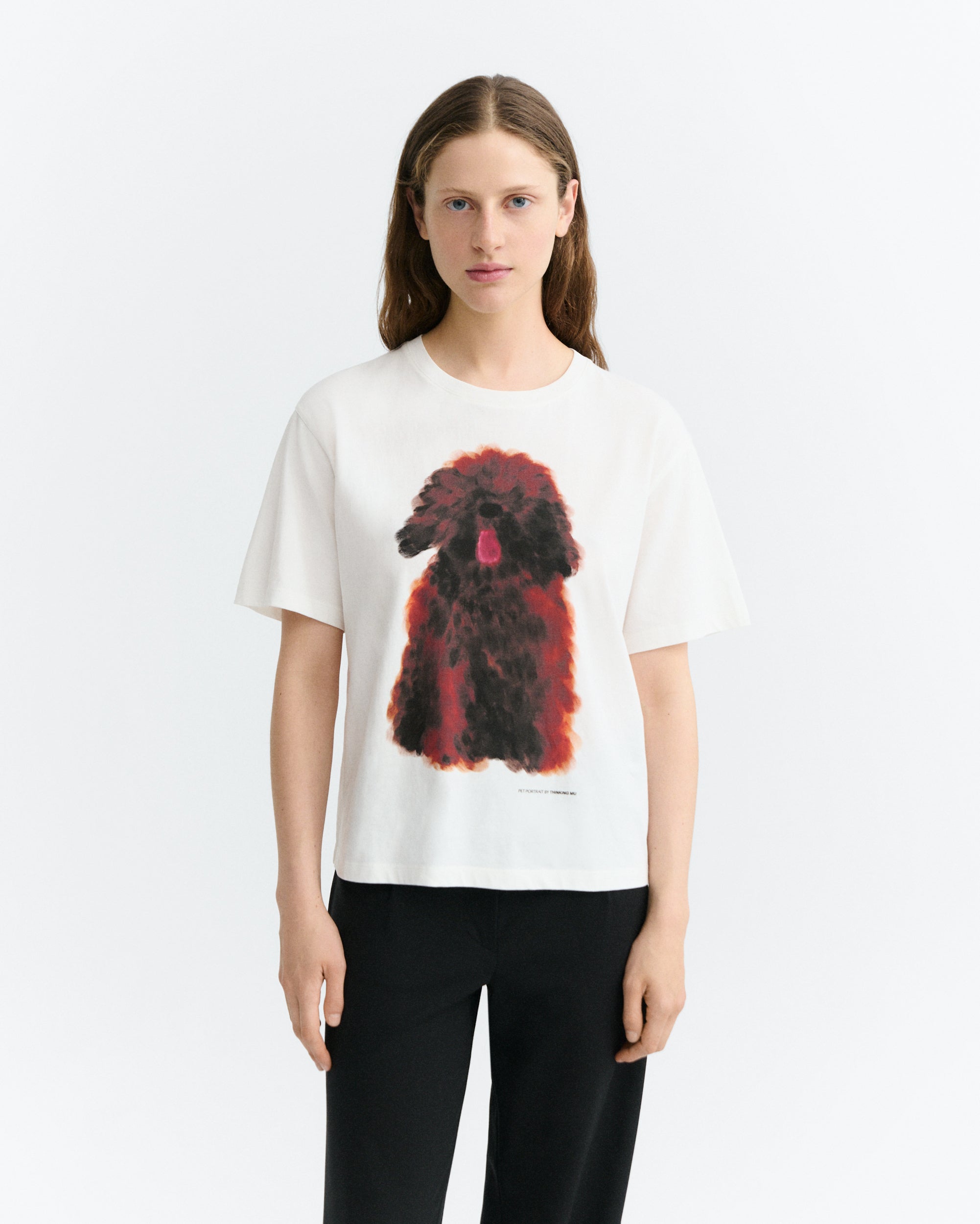 tee shirt chien en coton bio pet portrait lucia  blanc et brun thinking mu femme teeshirt lucia portrait chien coton bio blanc l armoire poethique 1