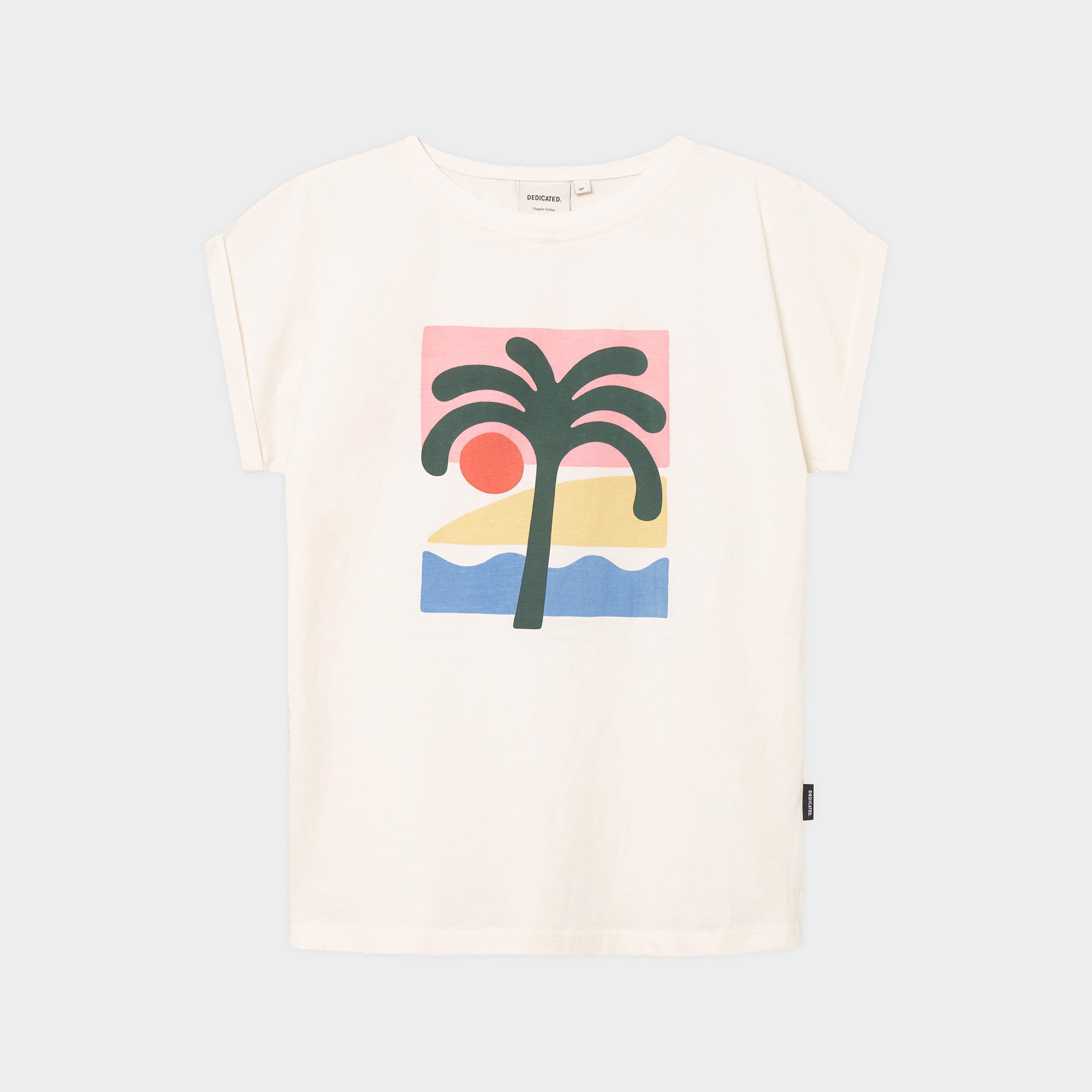 tee shirt plage et palmier en coton bio  blanc vert et rose   visby beach palm off white whisper white dedicated femme t shirt visby beach palm coton bio blanc vert rose l armoire poethique 2
